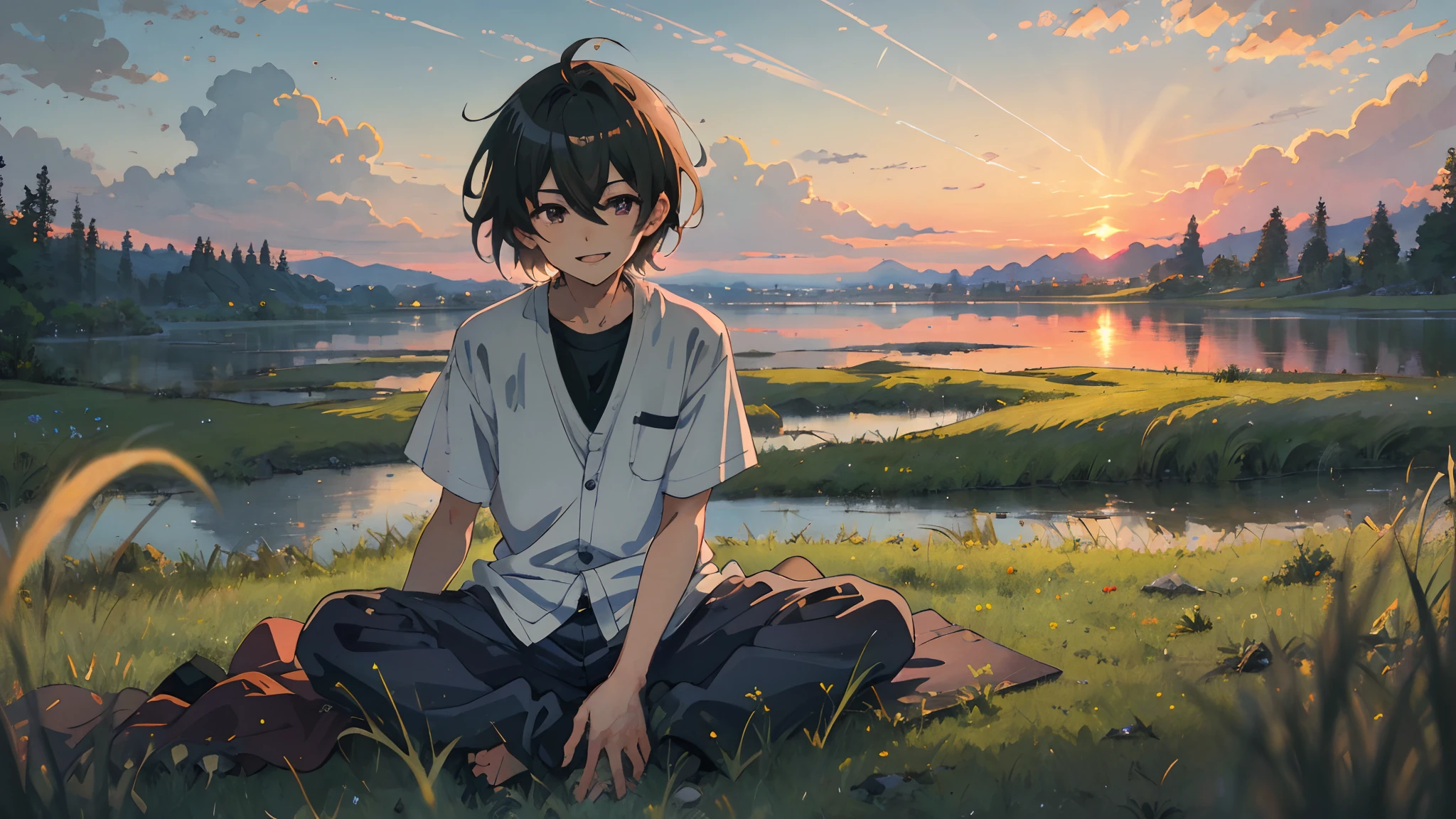 ((4K,Masterpiece,Best quality))，quadratic element，Libido boy ，Anime style，short detailed hair，Sit on grass，Sunset in background，Face smile