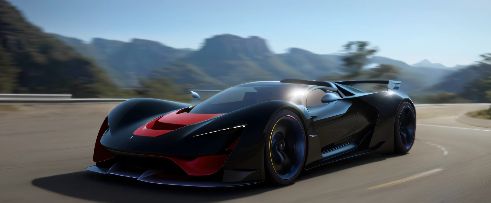 Close-up of a car driving on a road near a mountain, daniel maidman octane rendering, concept design art octane render, fine details 8k octane rendering, 8 k octane detailed render, render of futuristic supercar, Concept car, 8k octane rendering Ultra HD, hyper photorealistic raytracing, prototype car, concept art Octane rendering, futuristic product car shot