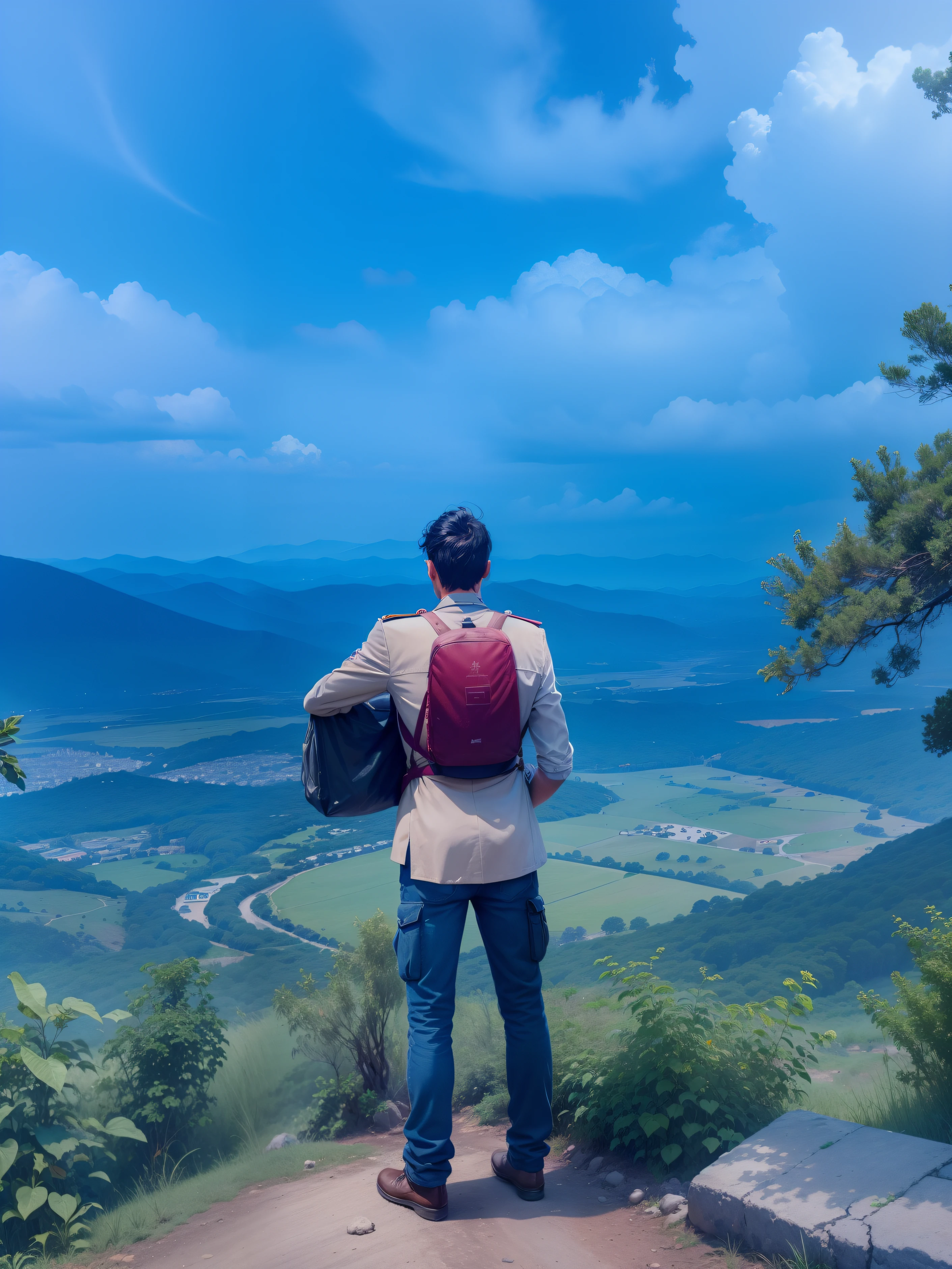 A man waiting and seeing in war zone from the hill top