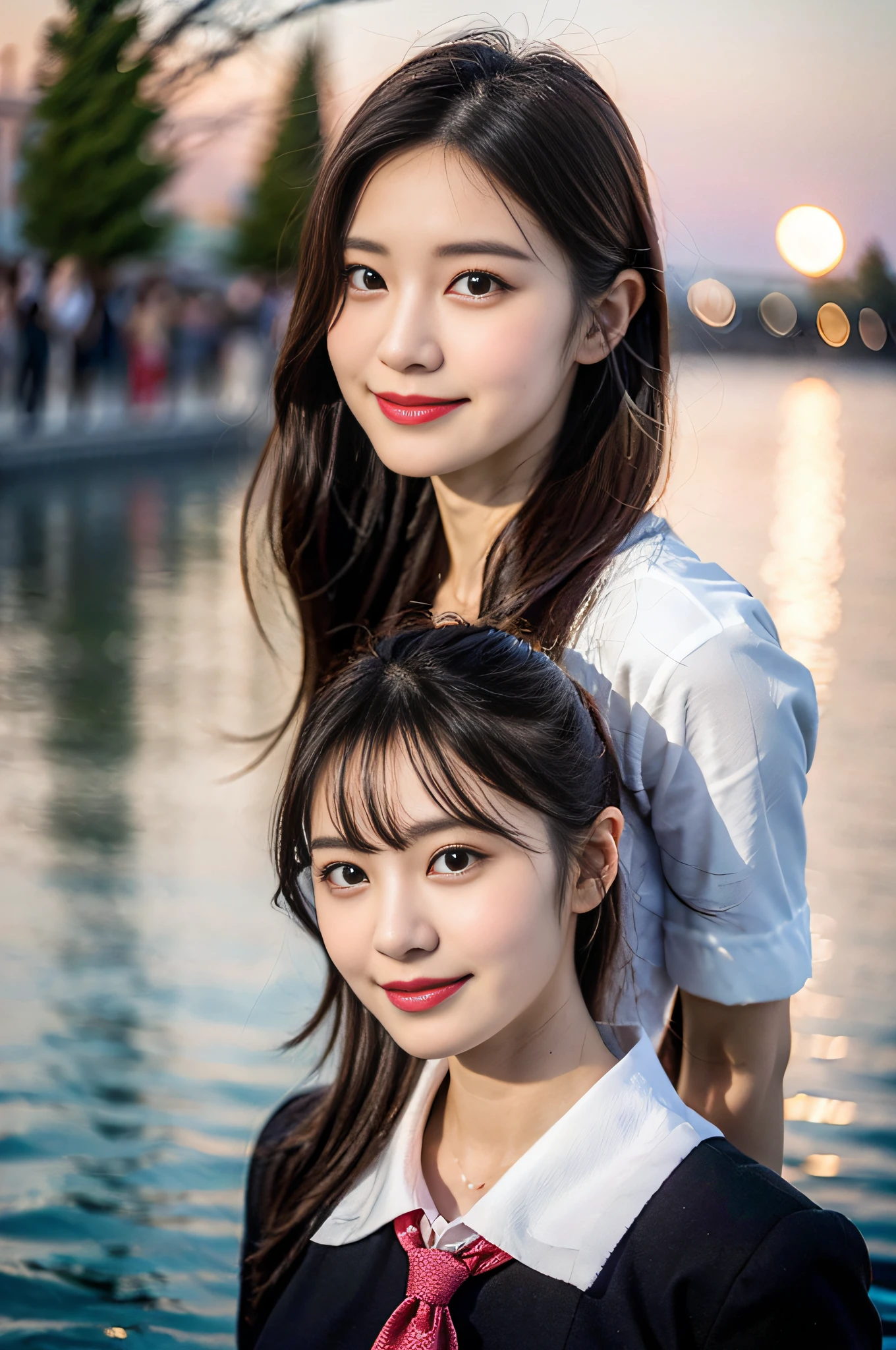 (8K,Raw photo、Raw photo、top-quality、Master masterpiece:1.2)、ultra-detailliert、Super Resolution、(Photorealsitic:1.3)、((Cherry blossoms shining on the surface of the water))、((Reality and cherry blossoms reflected on the surface of the water.))、(With pink、Beautiful white cherry blossoms:1.3)Cute poses、Sakura Park at sunset、The end of cherry blossoms、Cherry blossoms flutter、Cherry blossoms soaring in the sky、the setting sun、Fantastic sunset、Akane's Sky、high resolution RAW color photos、professional photograpy、Same skin type as humans、Female proofreading of Japan from head to waist、Blur the background、Draws faithfully to anatomy、Correct number of fingers、(Very beautiful and detailed night cherry blossom trees 1:1.37)((Cherry blossoms fluttering in the wind))、fullmoon、Very detailed and beautiful、Ultra-high image quality、Half-up hairstyle、Bun hair、poneyTail、High school girl in sailor suit、(Puffy cheeks)Detailed uniforms、Each face has its own distinctive features、Different face patterns、Farbe々Hairstyle、Brown hair fluttering in the night breeze、Hair swaying and sexy、Very detailed beautiful girl、(Pink Eye Shadow)、Red tie