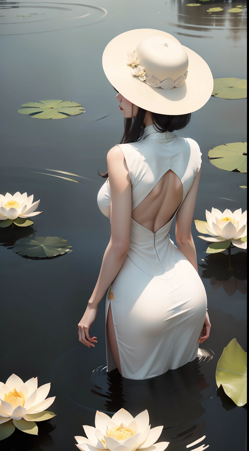 An elegant woman in a lotus pond，high detal，China-style，Clean picture，minimal style，Big lotus，Fine lines，with hat，vestindo vestido longo，Woman's back，Sky blue，There are white clouds