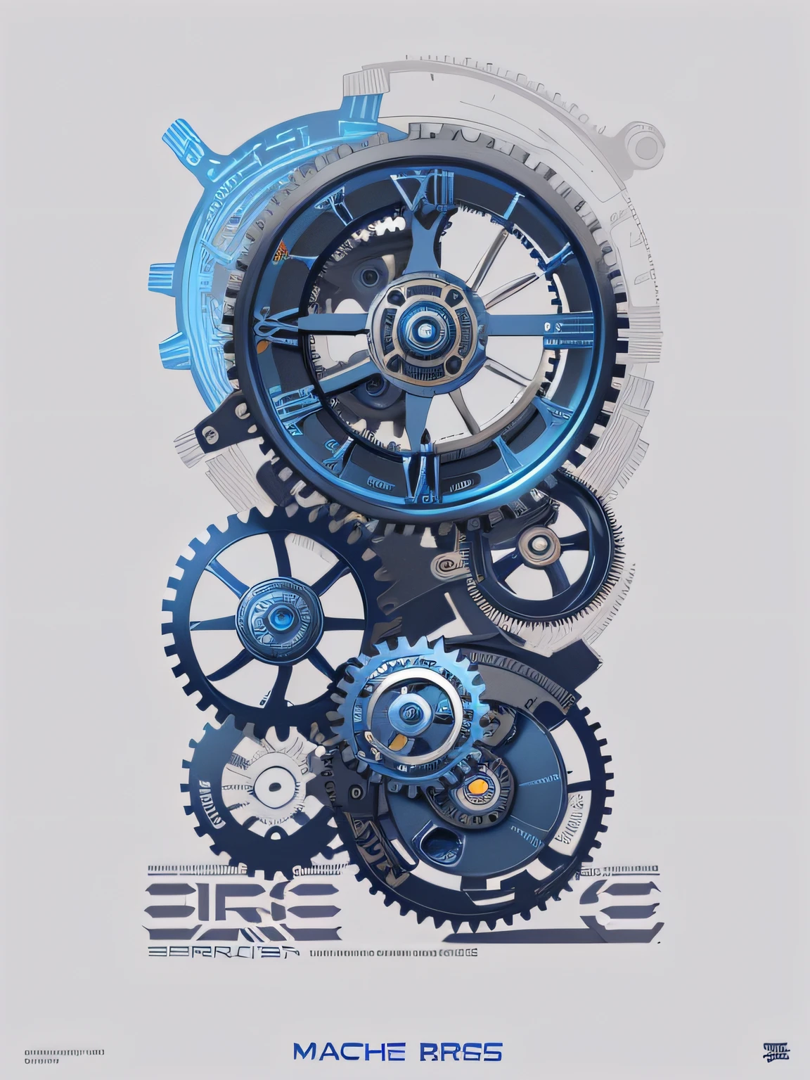 There is a clock graph with gears。, Endless, Inspired by Ernest Briggs, gear wheel、Springs and jewelry, endless books, Seamless, Futuristic dystopia endless, Detailed cover artwork, Endless sky, Cover art, Endless universe, Endless sea, Complex gears and lenses, cover illustration, MagazineCover, steampunk imagery themed, engineering, Intricate gear details，steampunc，Machinary，sense of science and technology，cyber punk perssonage，gear wheel，blue colors，black in color，a sticker，Handbook style，white backgrounid，A sense of detail，delicated