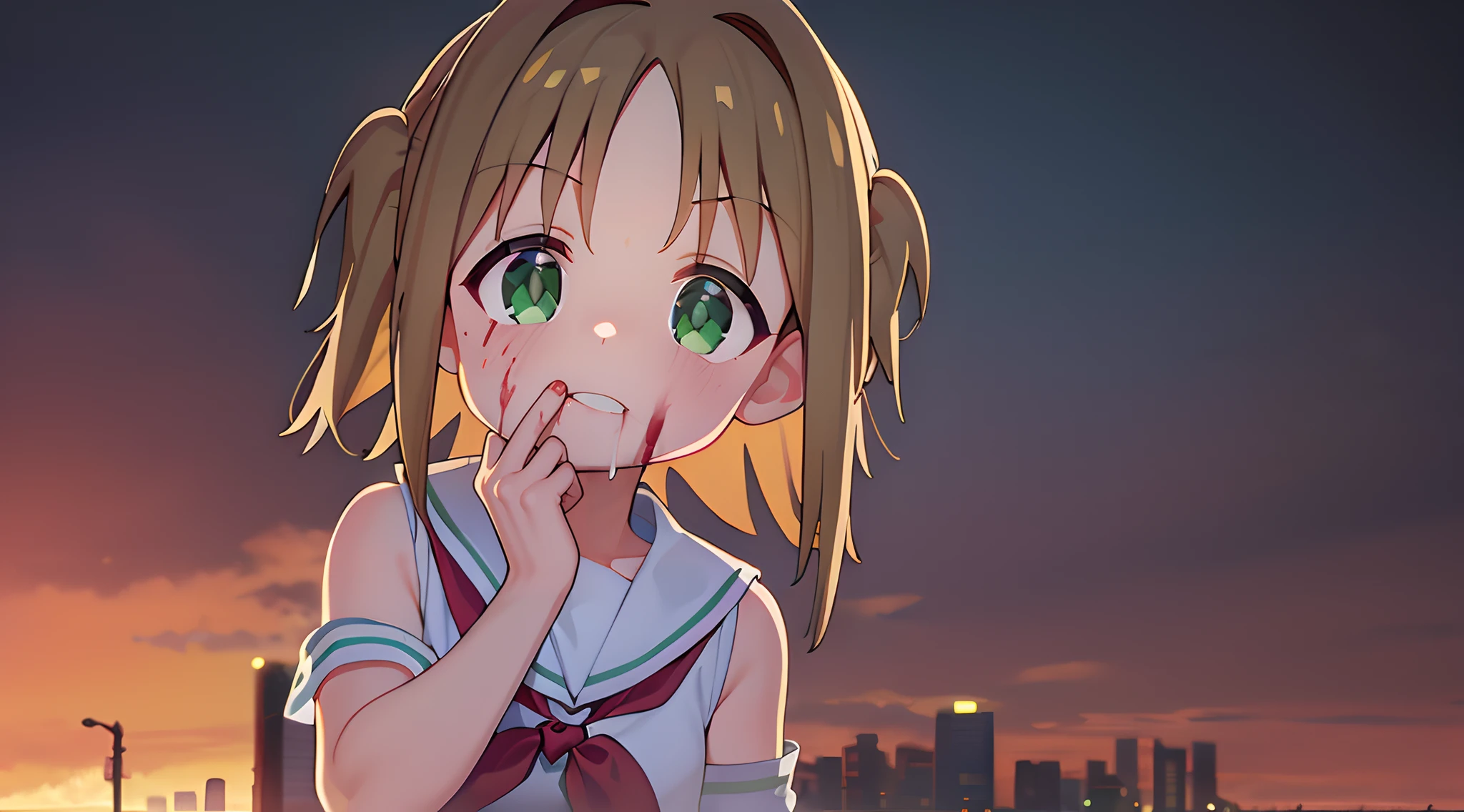 Masterpiece,Best quality,offcial art,Extremely detailed Cg Unity 8K wallpaper, incredibly_absurderes,Girl, Loli,serafuku, Bare_bshoulders, arm_supportive, blood in face, In the cyberpunk city, Support your chin with both hands,Ōka Asahi