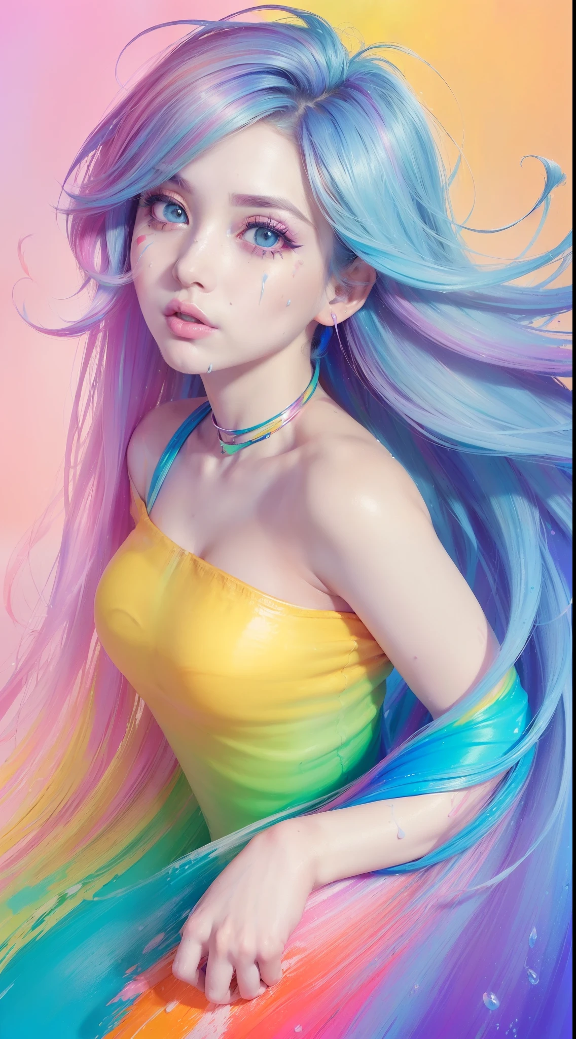(Pink Fashion T-shirt:1.9),(Colorful hair: 1.8), (all the colours of the rainbow: 1.8),(((((vertical painting:1.6))), (painting:1.6),front, comics, illustrations, paintings, large eyes, crystal clear eyes,( rainbow color gradient high ponytail:1.7), exquisite makeup, closed mouth,(Small Fresh: 1.5),(Wipe Chest: 1.6) ,long eyelashes, white off shoulder T-shirt, White Shoulder Shirt,looking at the audience, large watery eyes, (rainbow colored hair:1.6), color splash, (solo:1.8), color splash, color explosion, thick paint style, messy lines, ((shining)),(colorful), (colorful), (colorful), colorful, Thick Paint Style, (Splash) (Color Splash), Vertical Painting, Upper Body, Paint Splash, Acrylic Pigment, Gradient, Paint, Highest Image Quality, Highest Quality, Masterpiece, Solo, Depth of Field, Face Paint, colorful clothes, (Elegant: 1.2), gorgeous,long hair, wind, (Elegant: 1.3), (Petals: 1.4),(((masterpiece))),(((best quality))),((ultra-detailed)),(illustration),(dynamic angle),((floating)),(paint),((disheveled hair)),(solo),(1girl) , (((detailed anima face))),((beautiful detailed face)),collar,bare shoulders,white hair, ((colorful hair)),((streaked hair)),beautiful detailed eyes,(Gradient color eyes),(((colorful eyes))),(((colorful background))),(((high saturation))),(((surrounded by colorful splashes))),