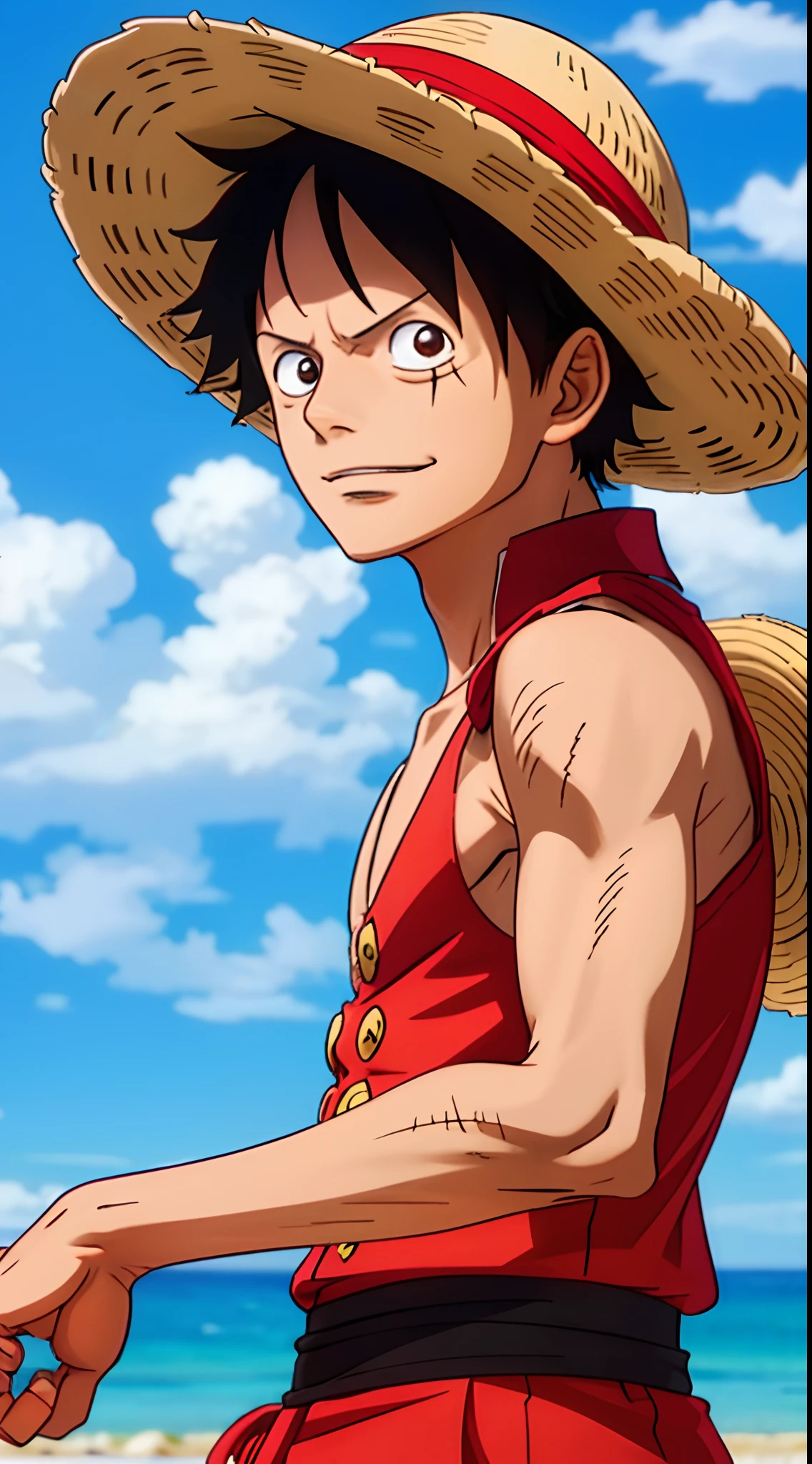1boys,monkey d luffy, ssmile, Straw hat, Red vest,Solo,, ((Masterpiece)), (Best quality), (Extremely detailed), Depth of field, Anime screenshots, Scars under the eyes, preparing to fight, 黑The eye,Sea background,short detailed hair,sandbeach