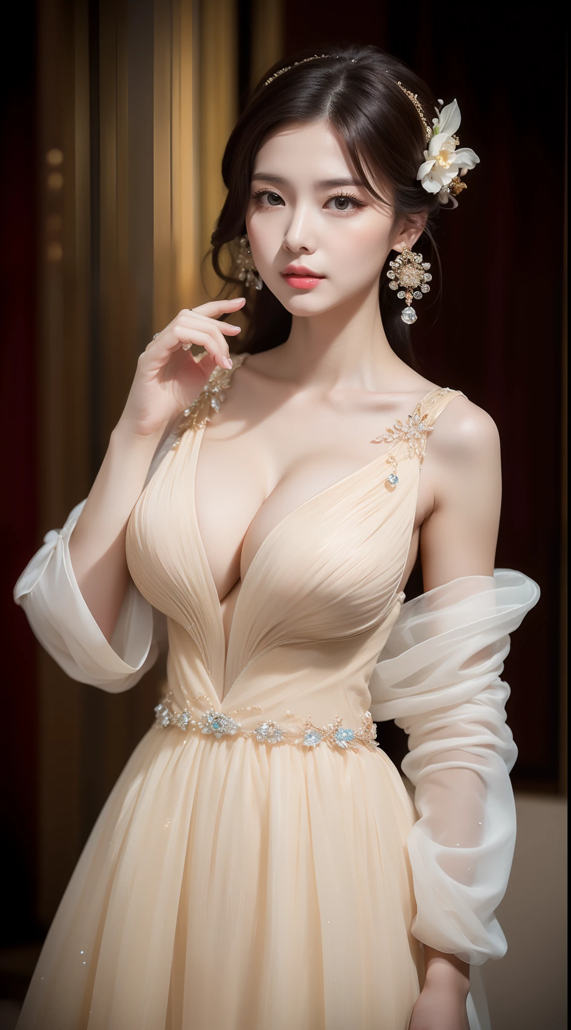 Masterpiece,(best qualtiy),highly  detailed,Ultra-detailed,Lady,Celebrity:Xiao Yu,(Hanfu:1.1),(Elegant temperament:1.2),(Bigboobs:1.3),(Semi-Dressed),(softlighting),(high high quality:1.4),(Detailed),(k hd),(Earrings),(Hairpin),(Exquisite),(Masterpiece)，16k，The upper part of the body