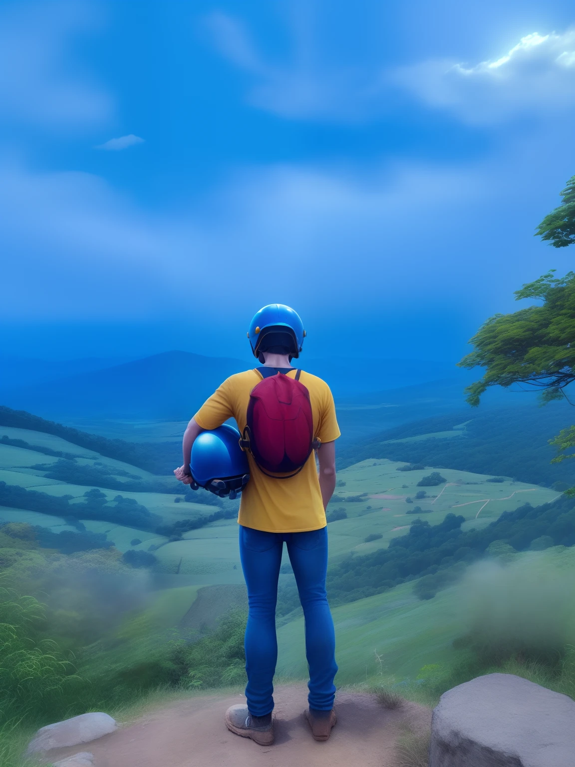 Man standing in hill top looking down. yellow tshirt, blue jeans, helmet in hand