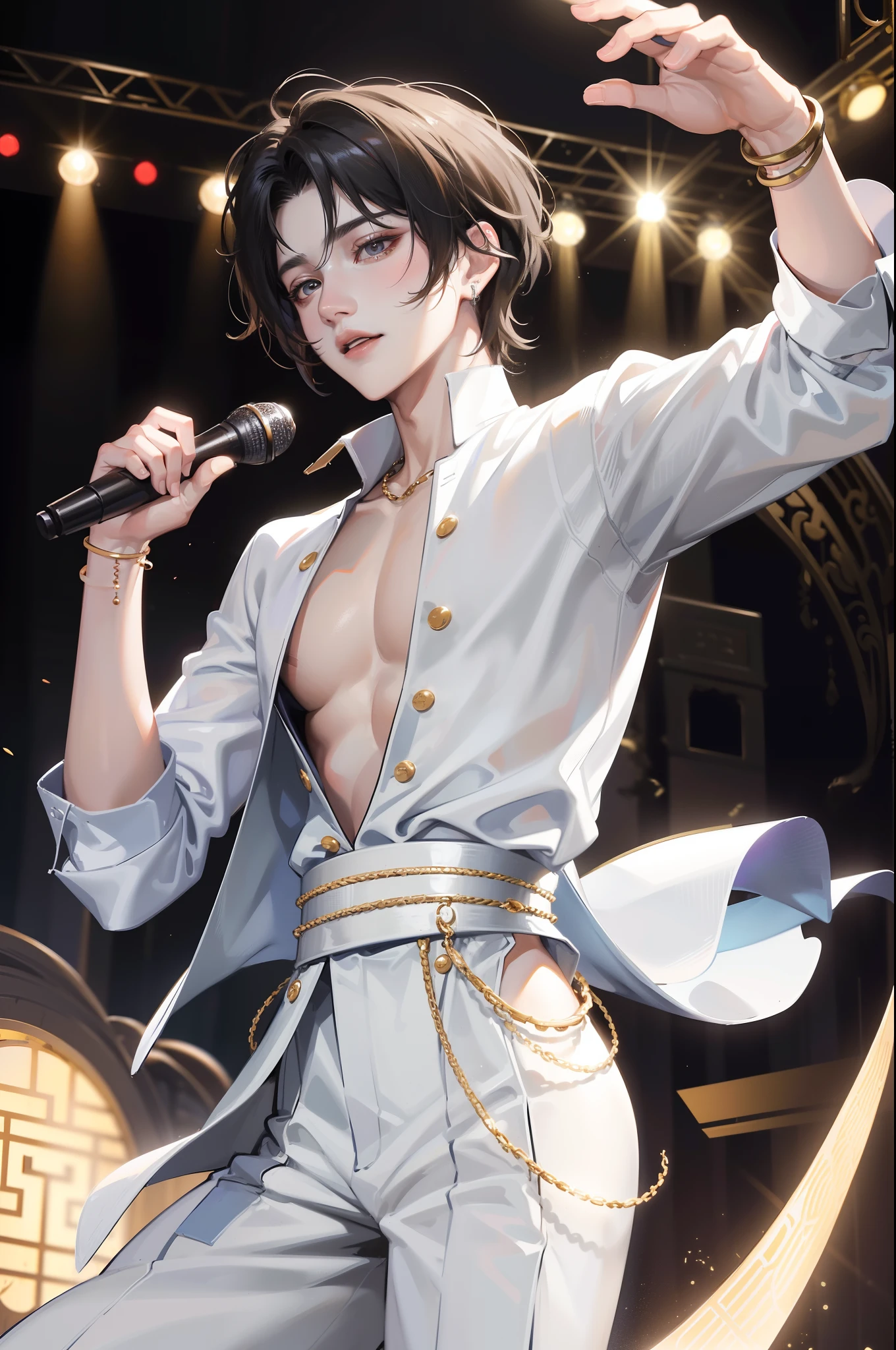 tmasterpiece,Need,super-fine,Semi-realistic,Aladdin A man in a white shirt sings into a microphone,\'s grecian nose, Cai Xukun, Inspired by Bian Shoumin, jungkook, hyung tae, Shot on Canon EOS R 6, shaxi, jia, black haired yoongi, IU, Performing on stage, closeup cleavage!!!!!!