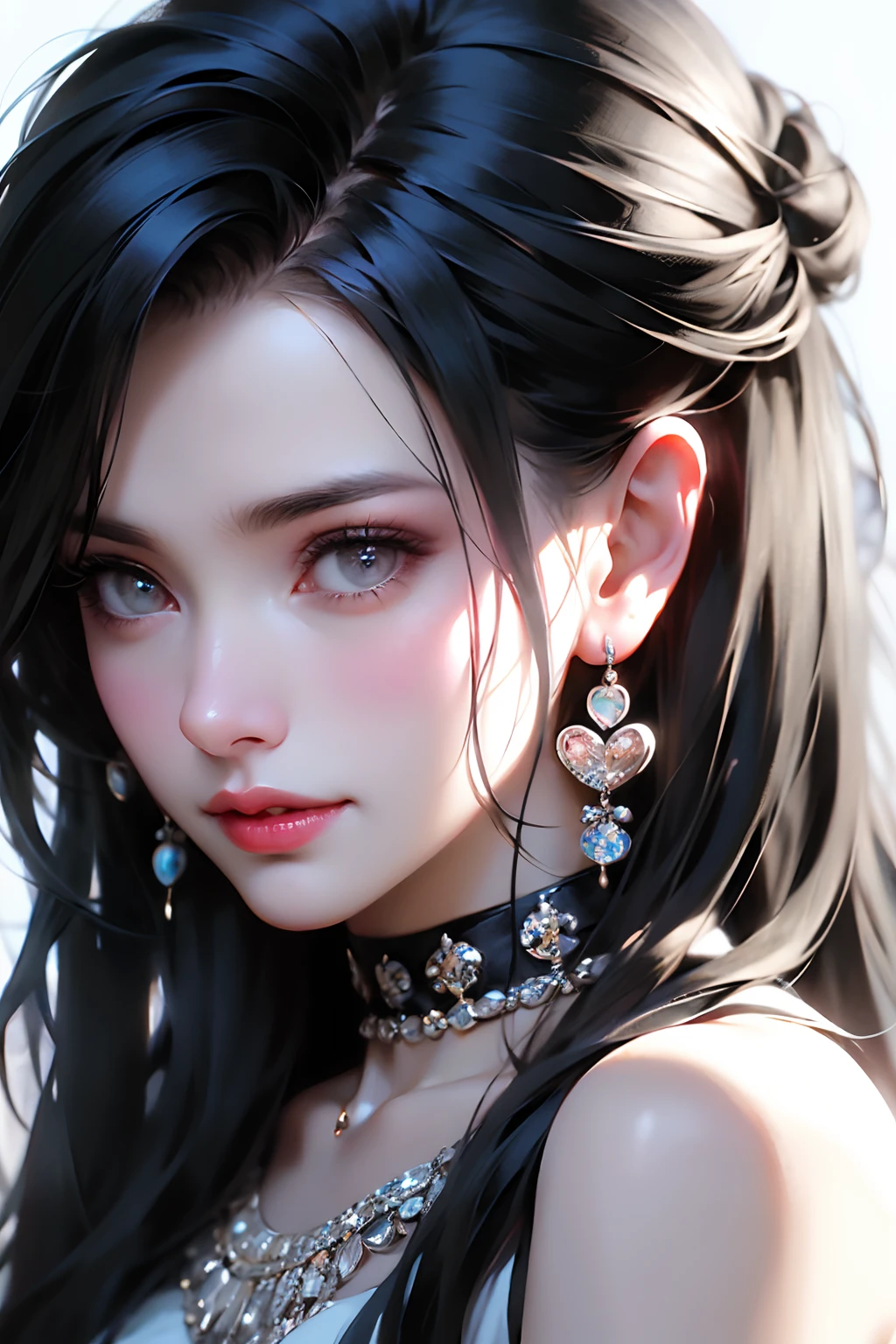 Masterpiece,Best quality,Ultra-detailed,8K,Detailed light,detailed shadow,primitive, (Detailed skin),(Realistic:1.2),
1girll,face,
Pilyeon, Black nails, jewelry, Long hair, view the viewer, choker necklace, necklace,Piercing, White background, Heart, Closed mouth, With gray eyes, nail polish, Simple background, Black hair, Ear piercing, Black necklace, Smile, eyeslashes, Lips, hand on own cheek, bangs, Bracelet, Beads, Pedras preciosas, Earrings, finger nails