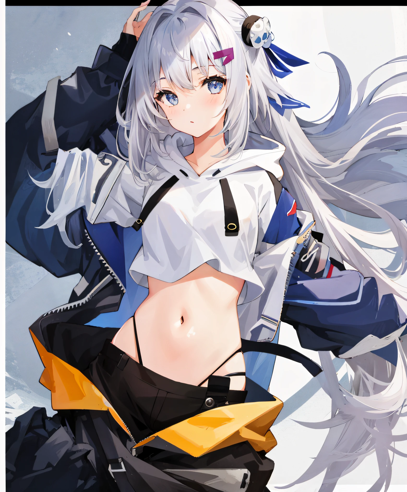 1girl, navel,hoodie, silver hair,