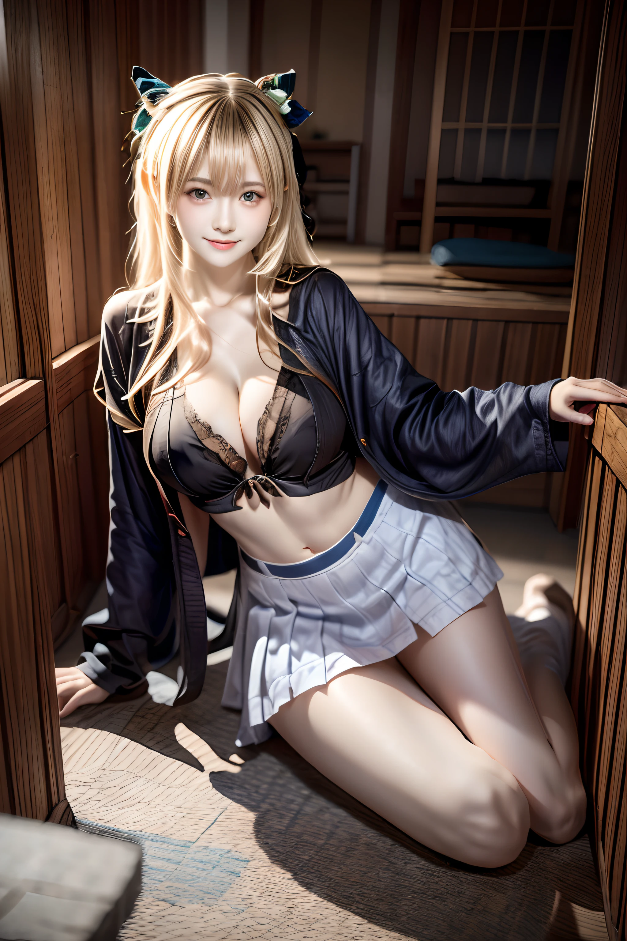 top-quality、masterpiece、超A high resolution、(Photorealsitic:1.4)、Raw foto、1 girl in、a blond、full body Esbian、large full breasts、Ultra exposed cleavage、erotick、Erotic look、gargantilha、二重まぶた、Loose and fluffy perm、semi long hair、student clothes、a miniskirt、JK Ribbon、Thin, Skinny clothes、Smiling smile