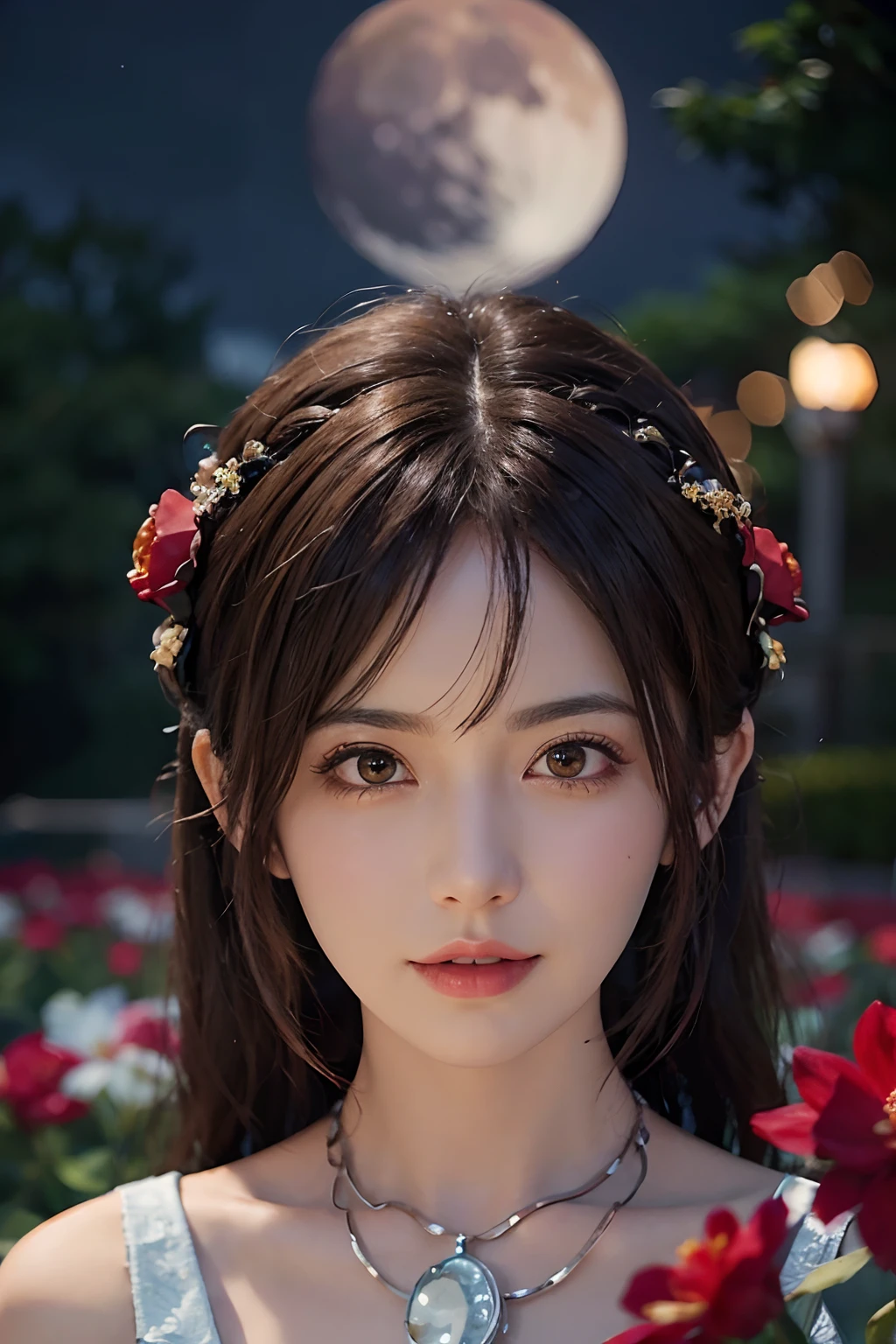 1girl, blurry, blurry_background, brown_eyes, brown_hair, depth_of_field, earrings, flower, full_moon, hair_flower, hair_ornament, lips, looking_at_viewer, moon, moonlight, night, night_sky, outdoors, red_flower, red_moon, sky, solo