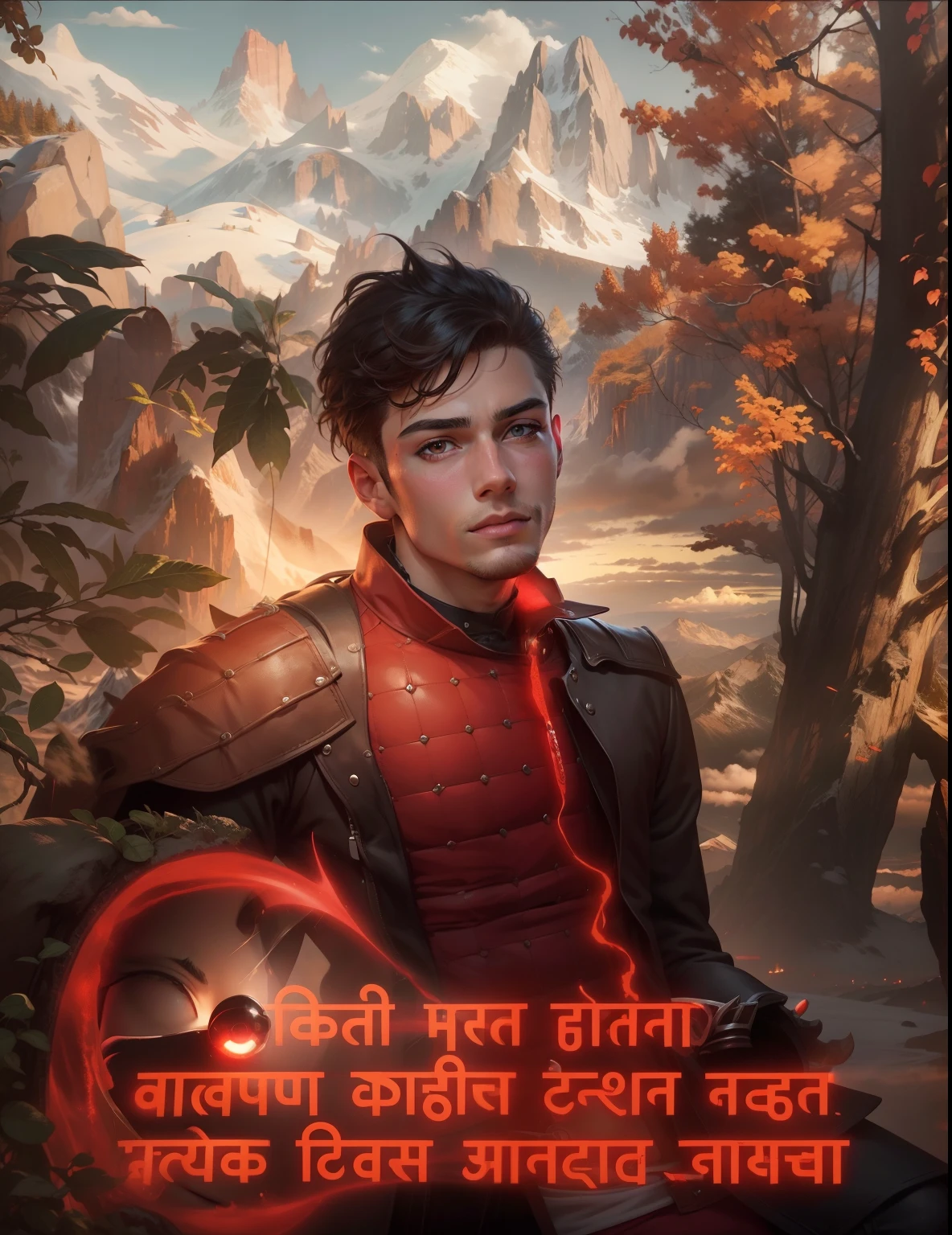 Carcked face red light in right eye handsome boy remove text and background add magical mountain in background