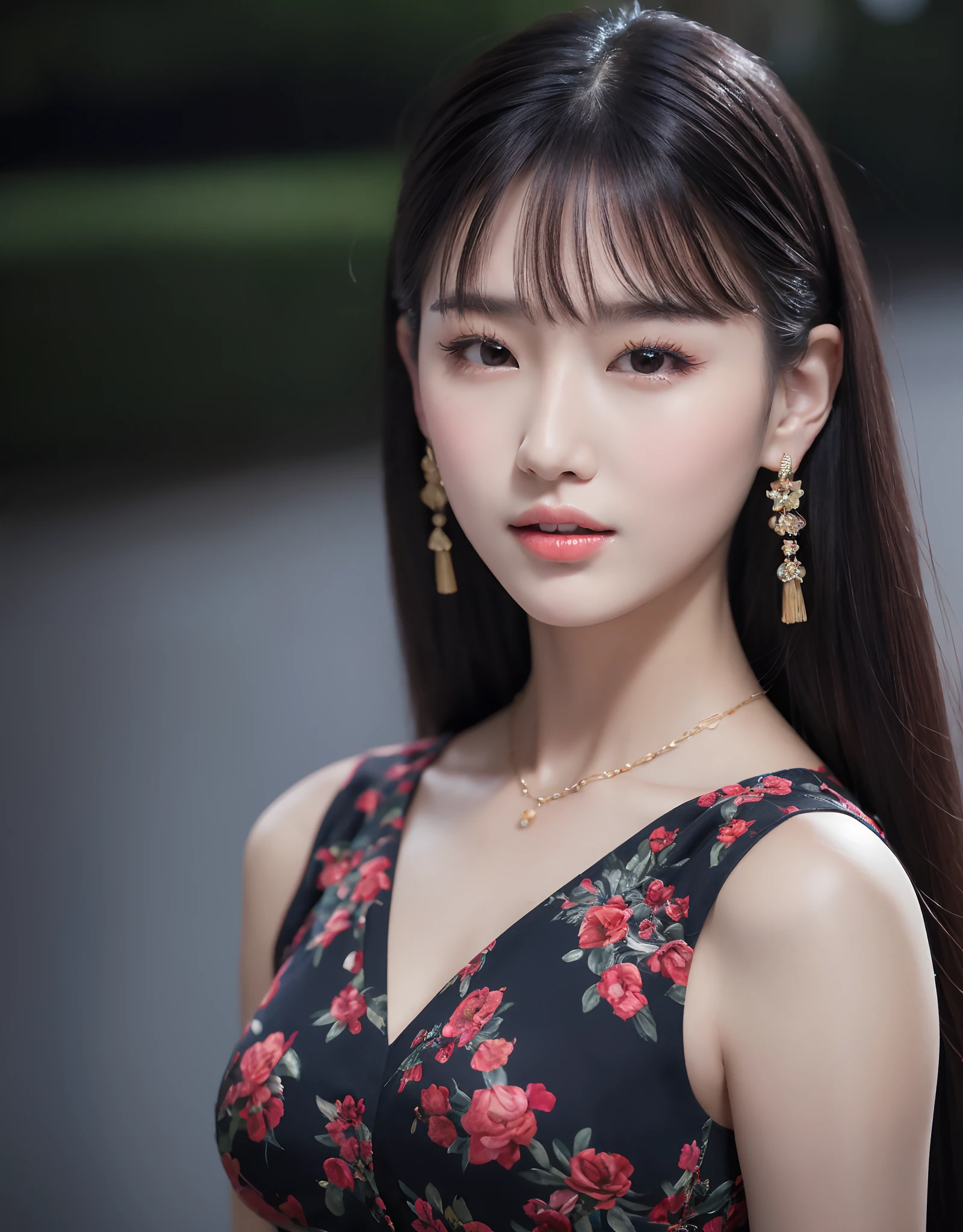 Bust attractive korean girl with long black hair, Cute nose, rosycheeks, Wear floral dresses and jewelry earrings. (8K, Best quality : 1.2), (masutepiece, Photorealistic : 1.3), Super detail, Anatomically correct