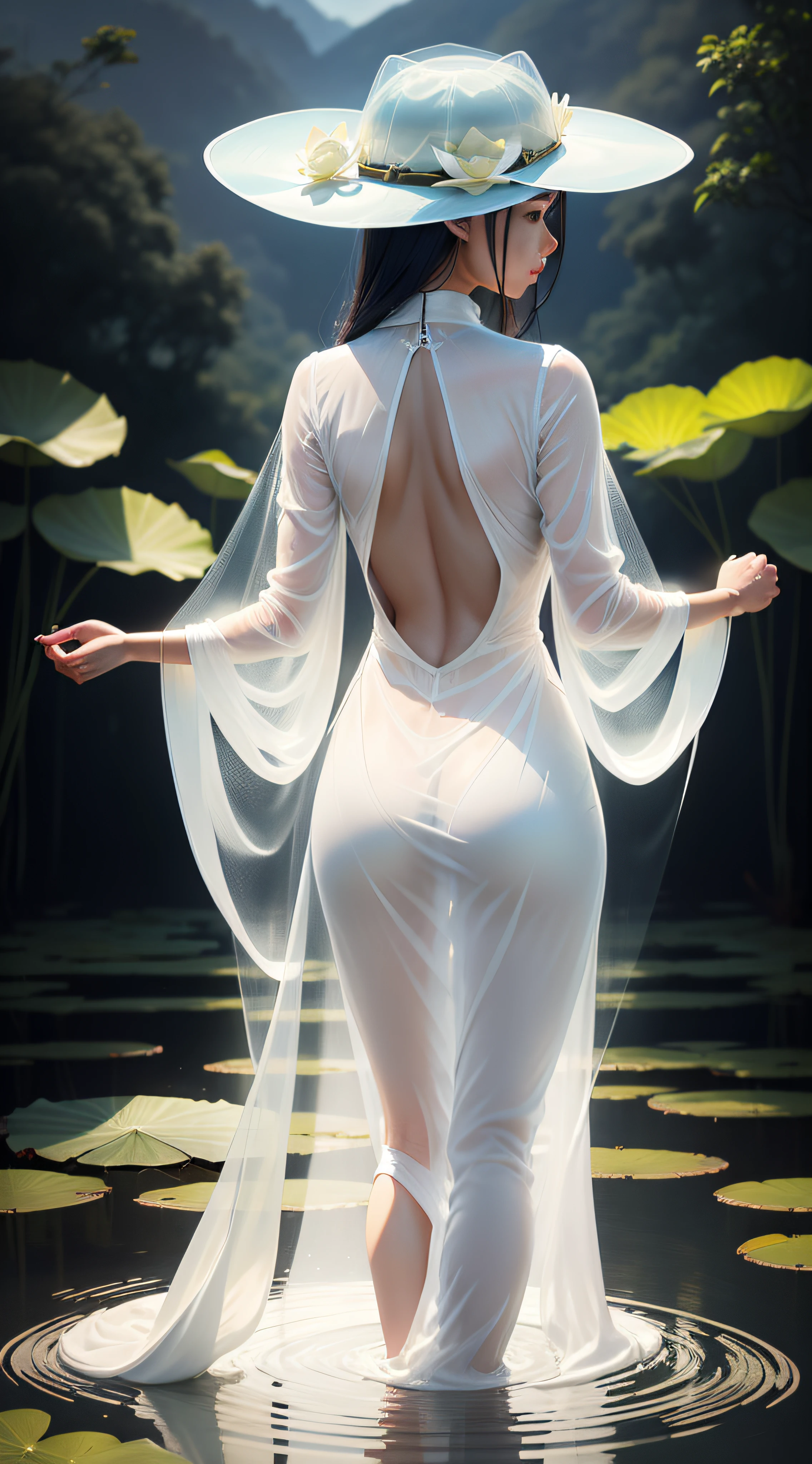 Elegant woman in a lotus pond,high detal,China-style,Clean picture,minimal style,Big lotus,Fine lines,with hat,vestindo vestido longo,Woman's back,Sky blue,There are white clouds,(see-through transparent clothes:1.3)