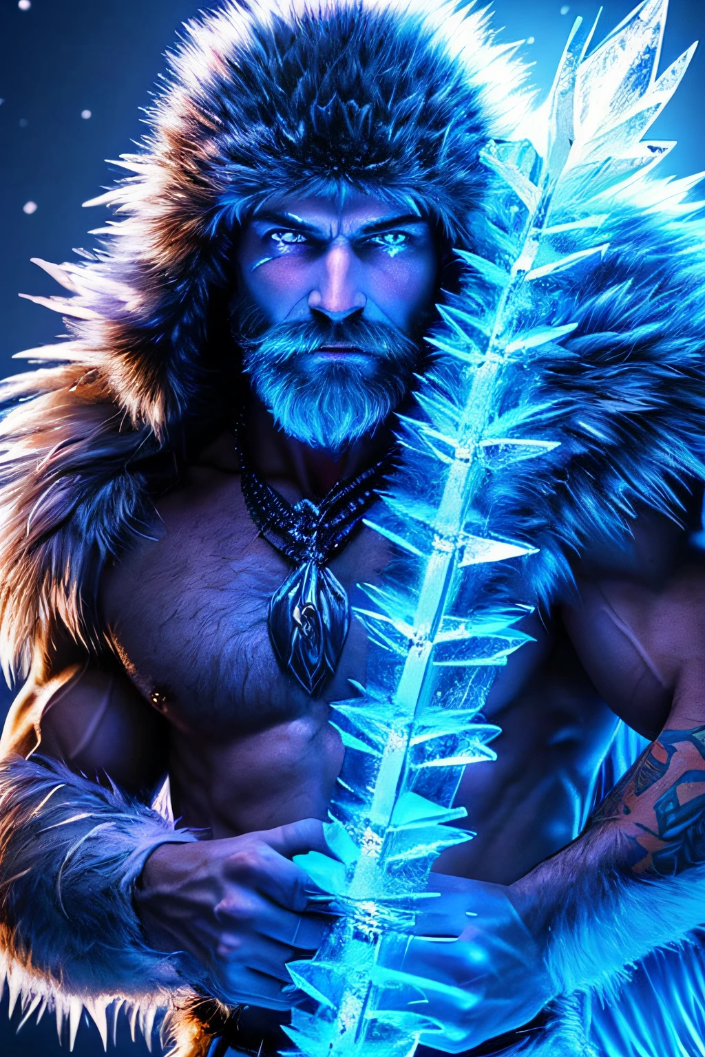 close up photo of Man Warrior with (icicle in hand:1.2) (in hand:1.2), struggling to remain relevant in age-old battles, with tears in his eyes, screaming, (fur:1.2), (hairy man:1.2), realistic action photo, (((hdr))), hyperdetailed, cinematic, cool lights, intricate details, muscle, perspective view, UHD, 64k, unreal, glowing blue tattoos, ice powers, GLOWING TATTOOS
