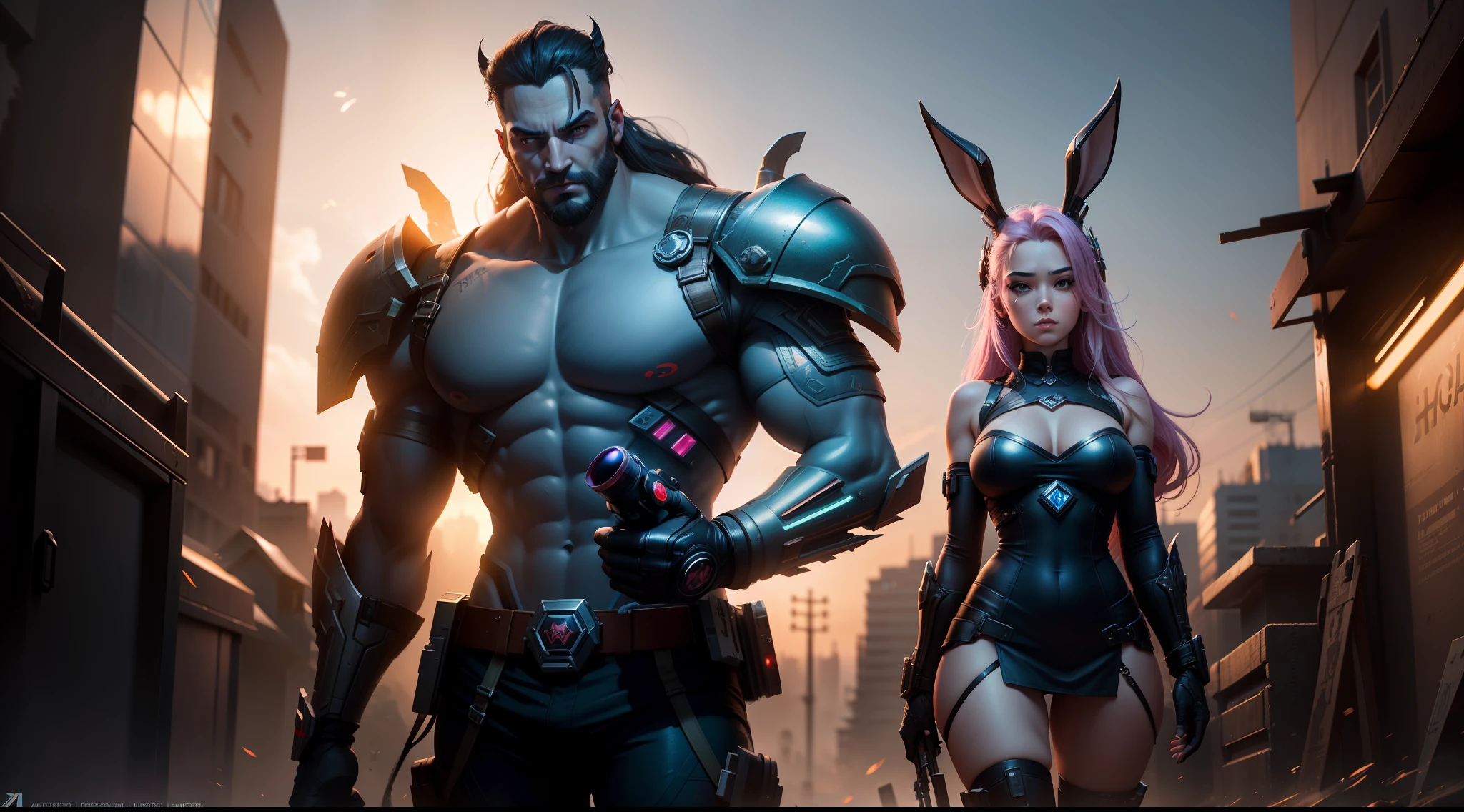 ((best qualtiy)), ((tmasterpiece)), (The is very detailed:1.3), 3D, Shitu-mecha, Beauty: a male god of war and a Valkyrie,A cyberpunk bunny girl with long pink flowing hair holds a sword in her hand,jinx from league of legends, Tall cyberpunk dressed male with machine gun,There is a close-up of the face,With a heavy mortar,The city in the distance is burning,There is a huge moon in the sky,league of legends splashart,cyber punk perssonage,hdr(HighDynamicRange),4k画质,High-definition realism,Futuristic,3d ray tracing, NVIDIA RTX, Hyper-Resolution, Unreal 5, sub surface scattering, PBR Texture, post-proces, Anisotropic filtering, depth of fields, Maximum clarity and sharpness, Many-Layer Textures, Albedo e mapas Speculares, Surface Coloring,Accurately simulate light-material interactions,perfectly proportions,rendering by octane,twotonelighting,Low ISO,White balance,trichotomy,Wide aperture,8K RAW,High-Efficiency Sub-Pixel,sub-pixel convolution,Luminous Particle,Light scattering,Tyndall effect