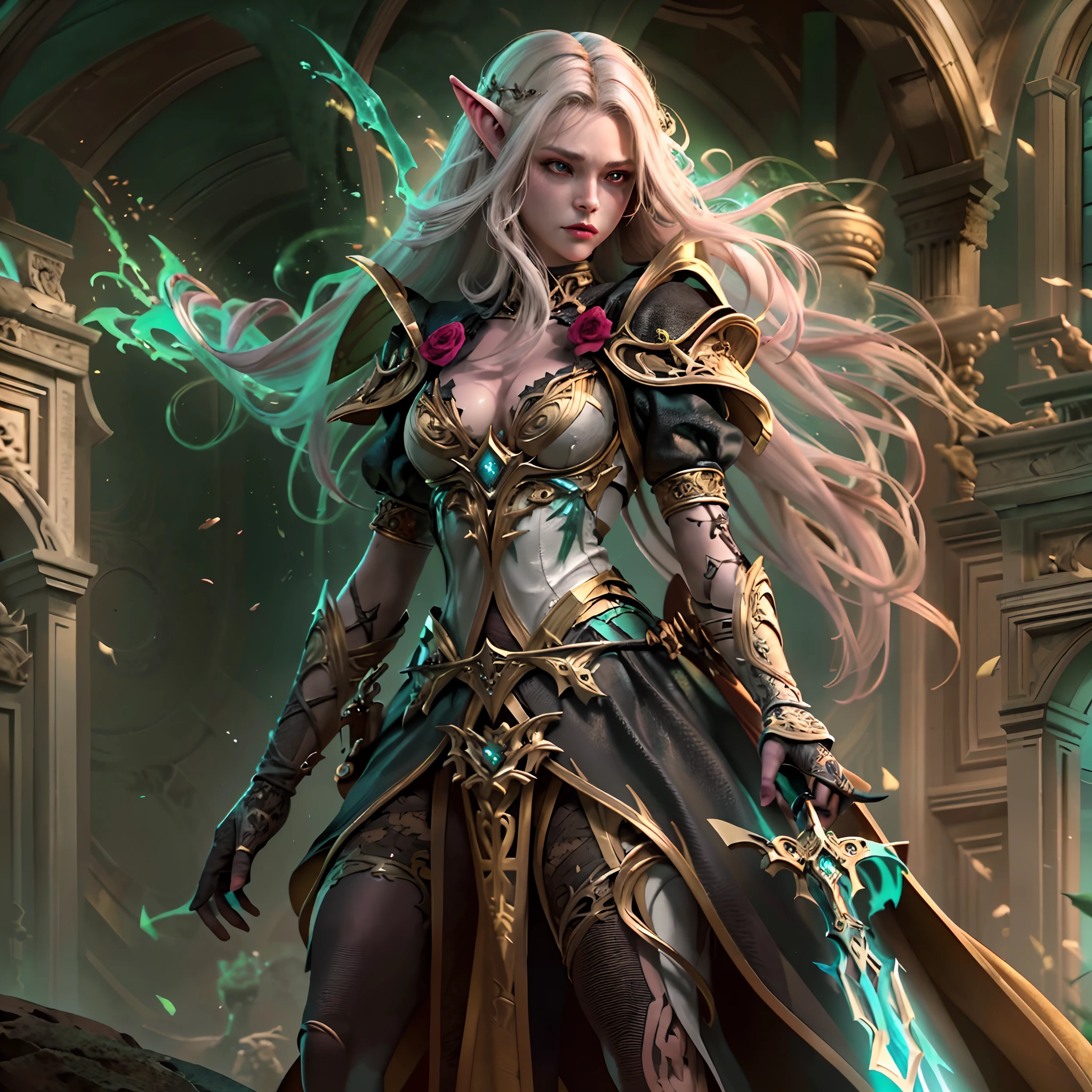 a picture of a female elf (intense details, Masterpiece, best quality: 1.5) fantasy swashbuckler, fantasy fencer, armed with a slim sword, shinning sword, metallic shine, colorful clothes, dynamic clothing, an ultra wide shot, full body (intense details, Masterpiece, best quality: 1.5)epic beautiful female elf (intense details, Masterpiece, best quality: 1.5), rich hair, braided hair, small pointed ears, [colorful magical sigils in the air],[ colorful arcane markings floating] (intricate details, Masterpiece, best quality: 1.6), holding a [sword] (intricate details, Masterpiece, best quality: 1.6) holding a [sword glowing in red light]fantasy urban street (intense details, Masterpiece, best quality: 1.5),  purple cloak, long cloak (intense details, Masterpiece, best quality: 1.5), sense of daring, sense of adventure,  high details, best quality, 8k, [ultra detailed], masterpiece, best quality, (extremely detailed), dynamic angle, ultra wide shot, photorealistic, RAW, fantasy art, dnd art,fantasy art, realistic art,