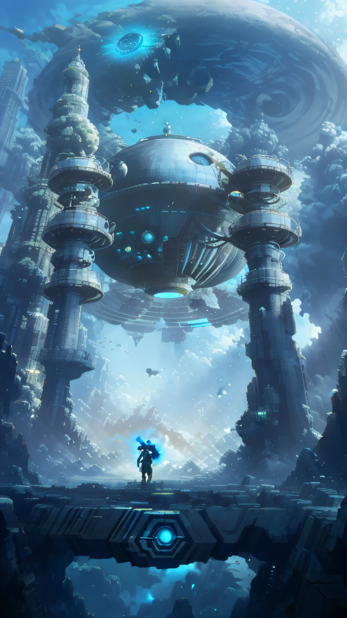 water world，A world formed by water，Underwater world，Futuristic sci-fi scene，There is a huge structure in the middle，Souls appear from the portal，greg beeple，Mysterious sci-fi concept art，portal opening，Matte painting，Mysterious Dotapicha，portal into anotheer dimension，depicted as a scifi scene，surreal sci fi set design，paul lehr and beeple。City of Steel，3D，Solid，optic，There is a barbell in the foreground，Masterpiece，Best quality，Rendering engine