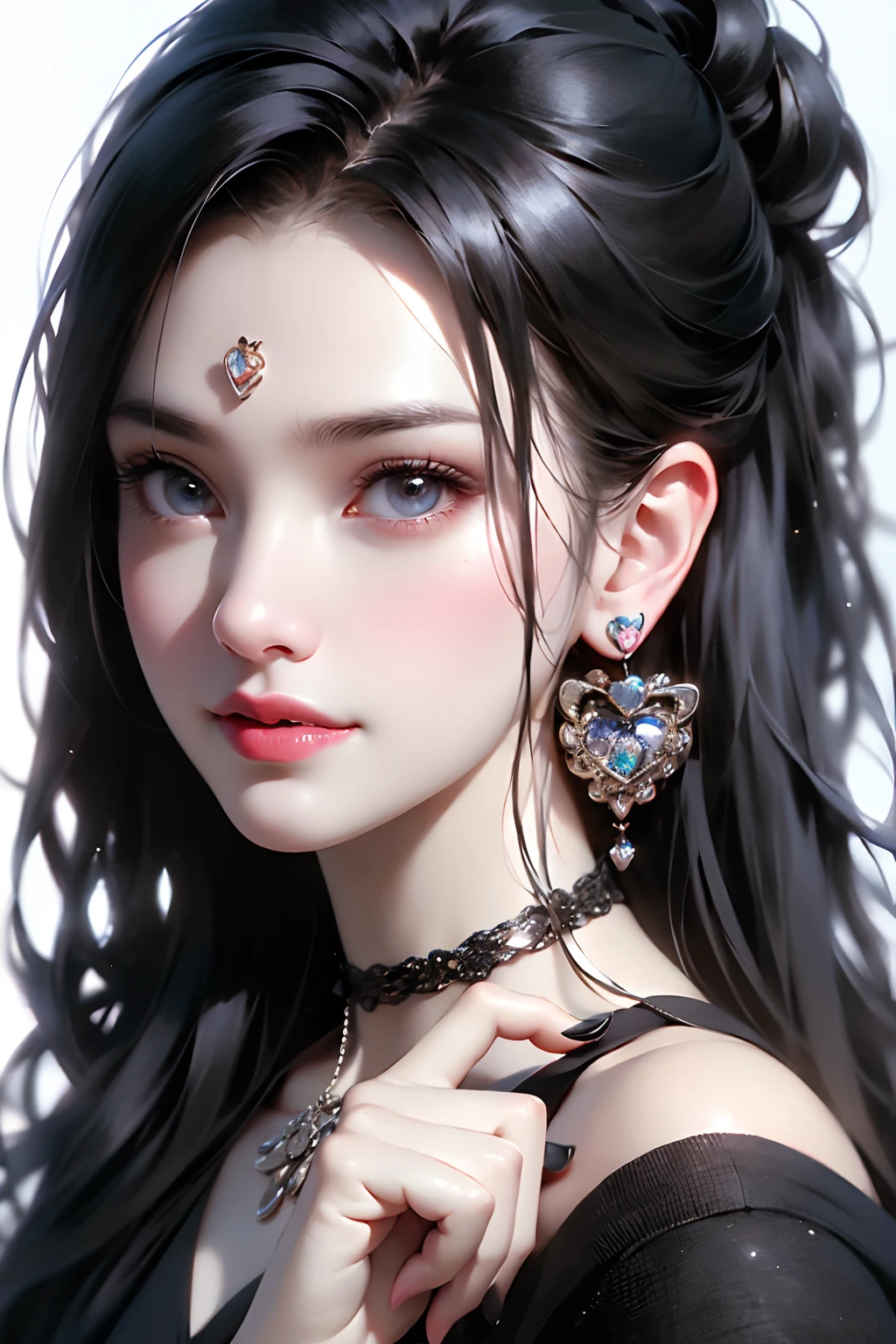 Masterpiece,Best quality,Ultra-detailed,8K,Detailed light,detailed shadow,primitive, (Detailed skin),(Realistic:1.2),
1girll,face,
Pilyeon, Black nails, jewelry, Long hair, view the viewer, choker necklace, necklace,Piercing, White background, Heart, Closed mouth, With gray eyes, nail polish, Simple background, Black hair, Ear piercing, Black necklace, Smile, eyeslashes, Lips, hand on own cheek, bangs, Bracelet, Beads, Pedras preciosas, Earrings, finger nails