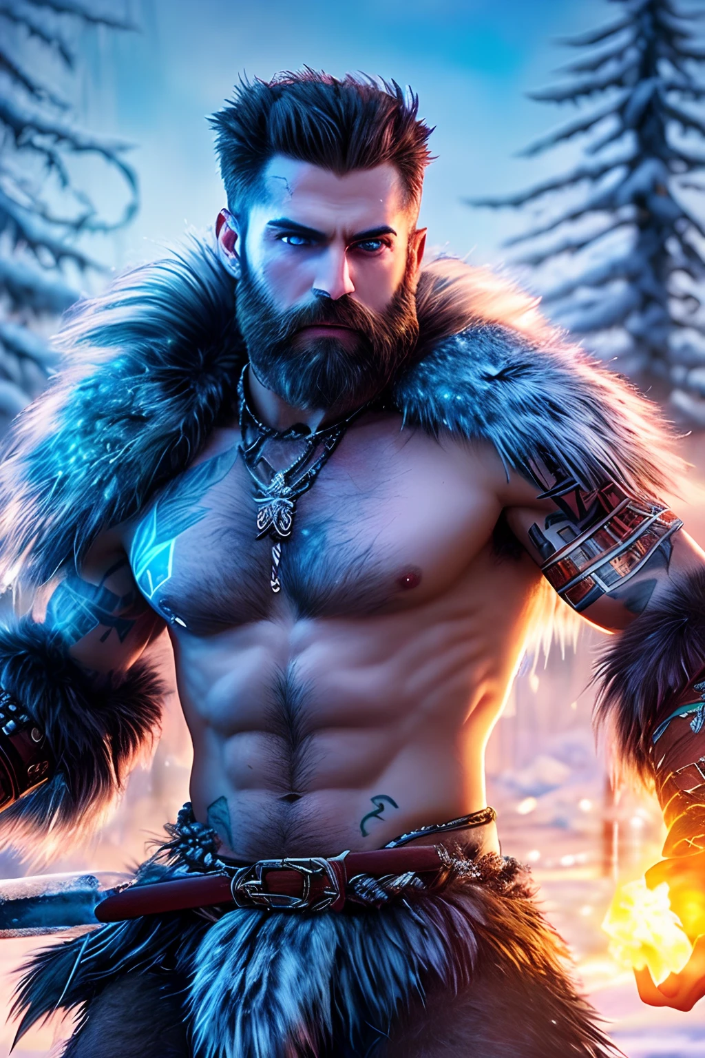 close up photo of Man Warrior with (icicle in hand:1.2) (in hand:1.2), struggling to remain relevant in age-old battles, with tears in his eyes, screaming, (fur:1.2), (hairy man:1.2), realistic action photo, (((hdr))), hyperdetailed, cinematic, cool lights, intricate details, muscle, perspective view, UHD, 64k, unreal, glowing blue tattoos, ice powers, GLOWING TATTOOS