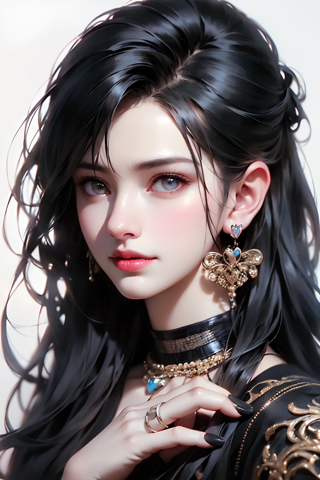 Masterpiece,Best quality,Ultra-detailed,8K,Detailed light,detailed shadow,primitive, (Detailed skin),(Realistic:1.2),
1girll,face,
Pilyeon, Black nails, jewelry, Long hair, view the viewer, choker necklace, necklace,Piercing, White background, Heart, Closed mouth, With gray eyes, nail polish, Simple background, Black hair, Ear piercing, Black necklace, Smile, eyeslashes, Lips, hand on own cheek, bangs, Bracelet, Beads, Pedras preciosas, Earrings, finger nails