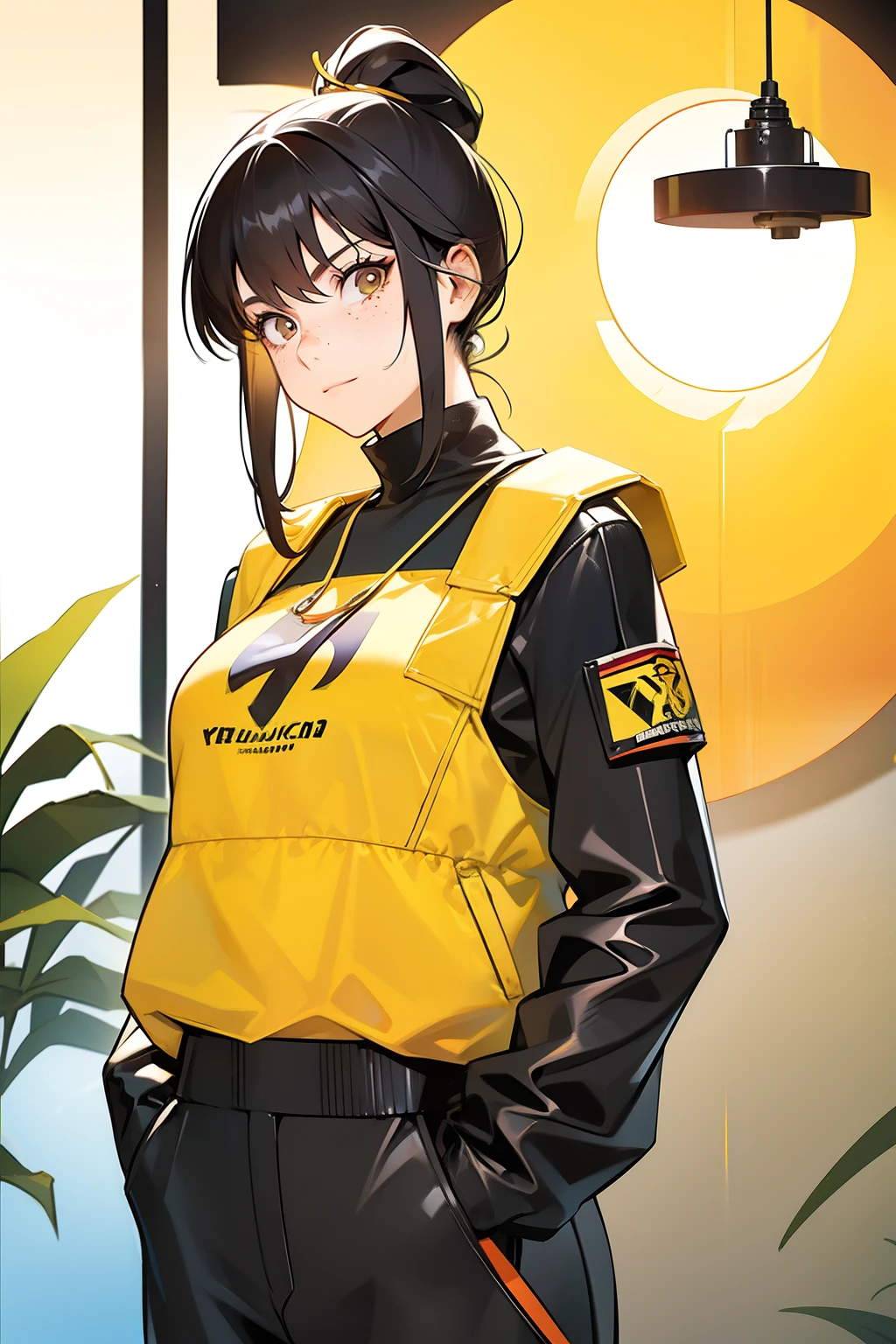 Yoko Tsuno as a young female vigilante. Brunette, Freckles, yellow and black clothes, brown eyes.