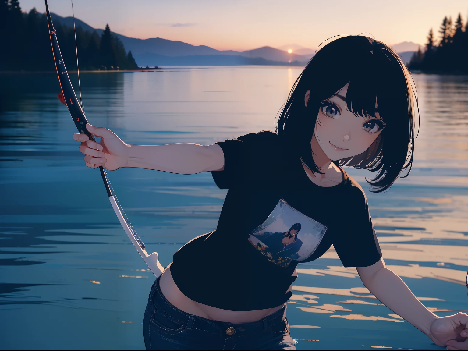(((casting a lure with a fishing rod))) (((stand by the lakeside:1.1))),((Best quality, Masterpiece :1.3)),(1 japanese mature female),large mouth bass,black hair, longeyelashes, solid circle eyes, light smile, drop shadow, atmospheric perspective, 8k, super detail, ccurate, best quality, small breasts,black jacket, Black T-shirt ,navy blue jeans,