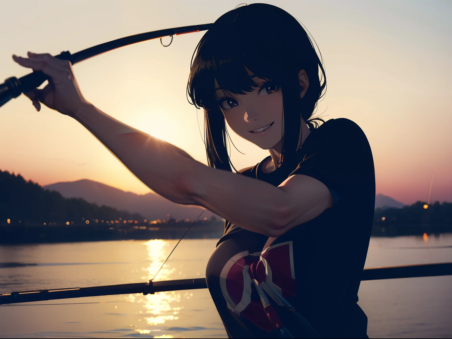 (((casting a lure with a fishing rod))) (((stand by the lakeside:1.1))),((Best quality, Masterpiece :1.3)),(1 japanese mature female),large mouth bass,black hair, longeyelashes, solid circle eyes, light smile, drop shadow, atmospheric perspective, 8k, super detail, ccurate, best quality, small breasts,black jacket, Black T-shirt ,navy blue jeans,