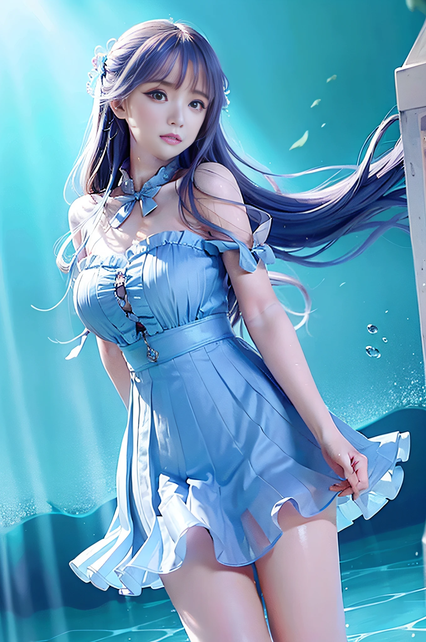 (((masterpiece))),(best quality),(solo),highres, extremely detail CG,wallpaper,extremely detailed figure,Amazing,1girl, (((underwater))),very long hair, detailed face,((beautiful detail light reflective water)),beautiul detail blue eyes and hair,wavy hair,(wite pleated dress)((wet clothes)), (blue ribbons wrapped  the girl ),facing away,((ultra-detailed)),shiny water,((wide shot)),