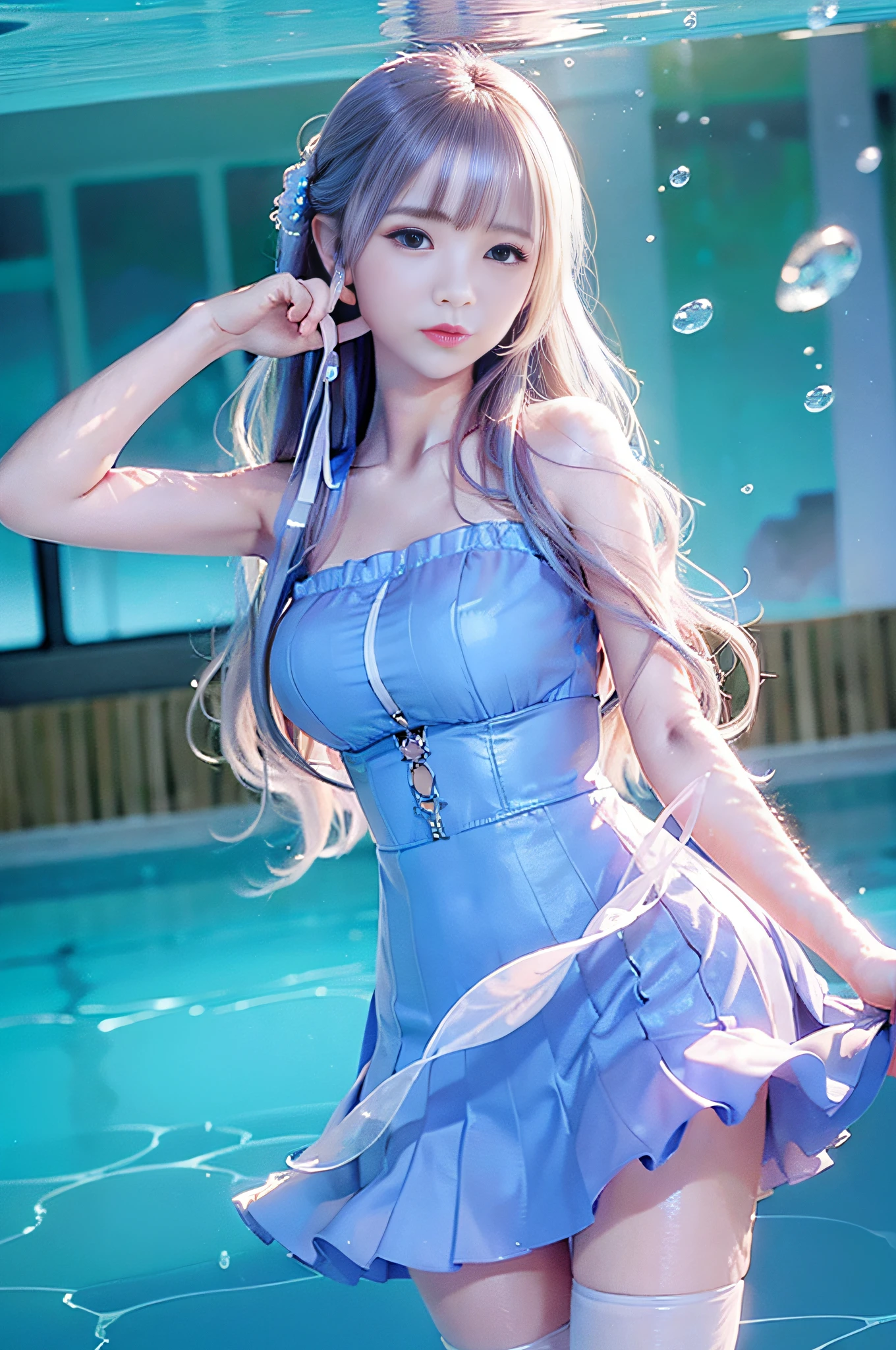 (((masterpiece))),(best quality),(solo),highres, extremely detail CG,wallpaper,extremely detailed figure,Amazing,1girl, (((underwater))),very long hair, detailed face,((beautiful detail light reflective water)),beautiul detail blue eyes and hair,wavy hair,(wite pleated dress)((wet clothes)), (blue ribbons wrapped  the girl ),facing away,((ultra-detailed)),shiny water,((wide shot)),