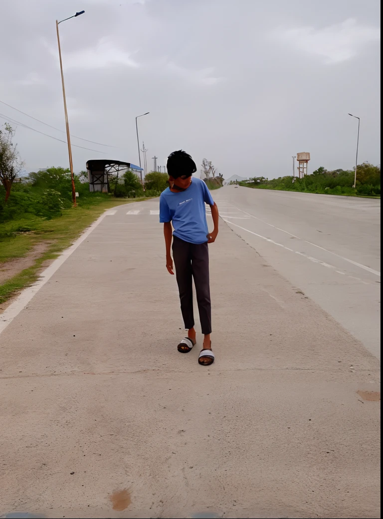 there is a young boy standing on a sidewalk with a skateboard, standing in road, standing in a township street, standing in township street, standing bravely on the road, standing on the street, walking boy, standing in street, standing in the street, on a road, taken with sony alpha 9, distant full body view, stylish pose, distant full body shot