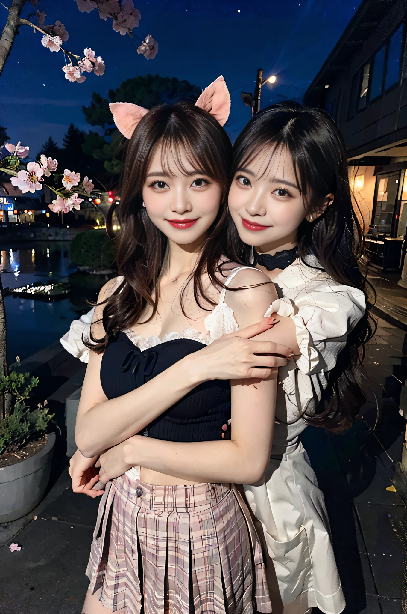 (8K,Raw photo、Raw photo、top-quality、Master masterpiece:1.2)、ultra-detailliert、Super Resolution、(Photorealsitic:1.3)、((Woman in the back hugs the woman in front))、((Woman hugging with arms around her from behind.))、high resolution RAW color photos、professional photograpy、Same skin type as humans、Female proofreading of Japan from head to waist、Blur the background、Draws faithfully to anatomy、Correct number of fingers、（Very beautiful and detailed night cherry blossom trees 1:1.37）((Cherry blossoms fluttering in the wind))、fullmoon、Very detailed and beautiful、Ultra-high image quality、Half-up hairstyle、Bun hair、poneyTail、High school girl in sailor suit、（Puffy cheeks）Detailed uniforms、Each face has its own distinctive features、Different face patterns、Farbe々Hairstyle、Brown hair fluttering in the night breeze、Hair swaying and sexy、Very detailed beautiful girl、（Pink Eye Shadow）、Red tie、Smiling smile、