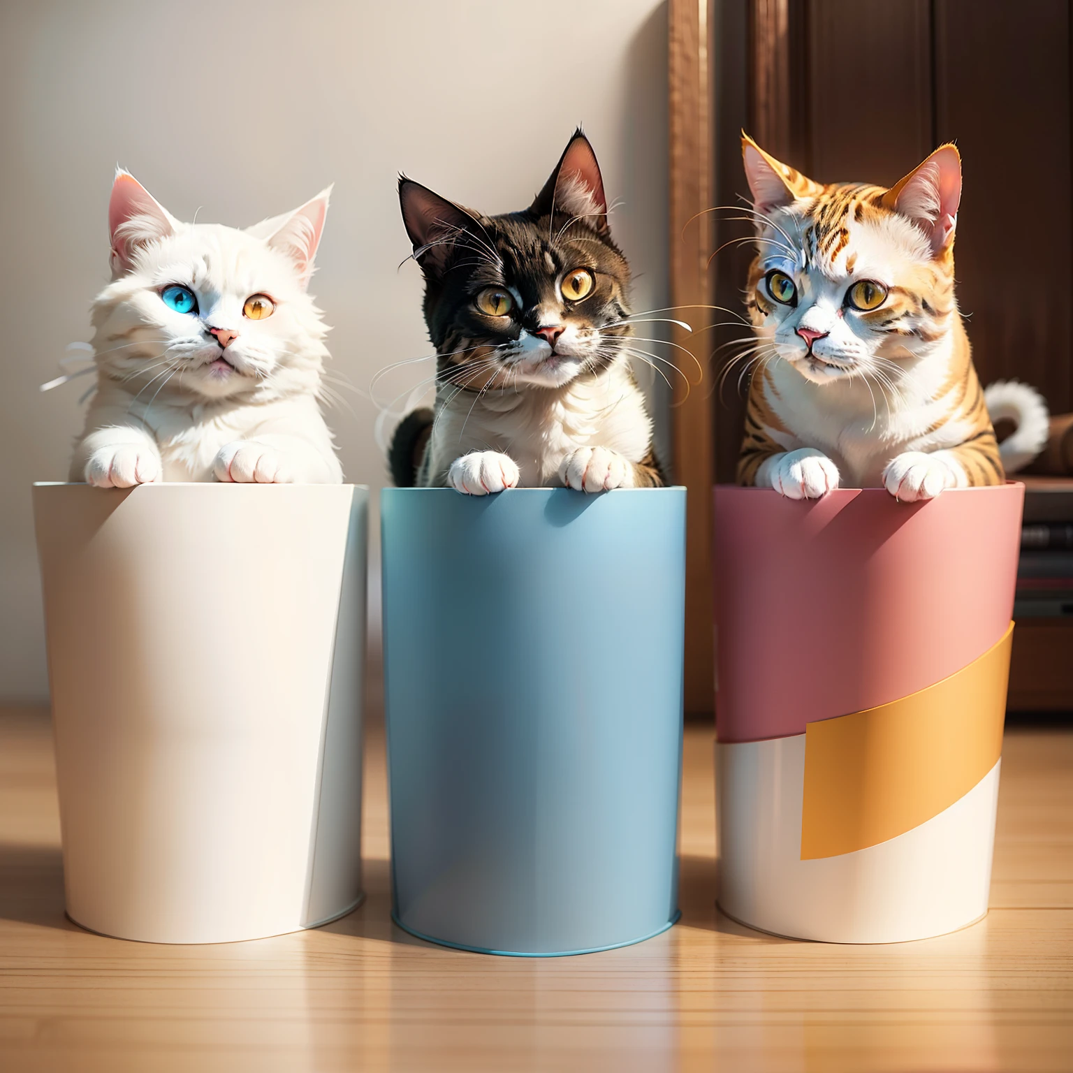 A white pen holder contains three cats of different colors