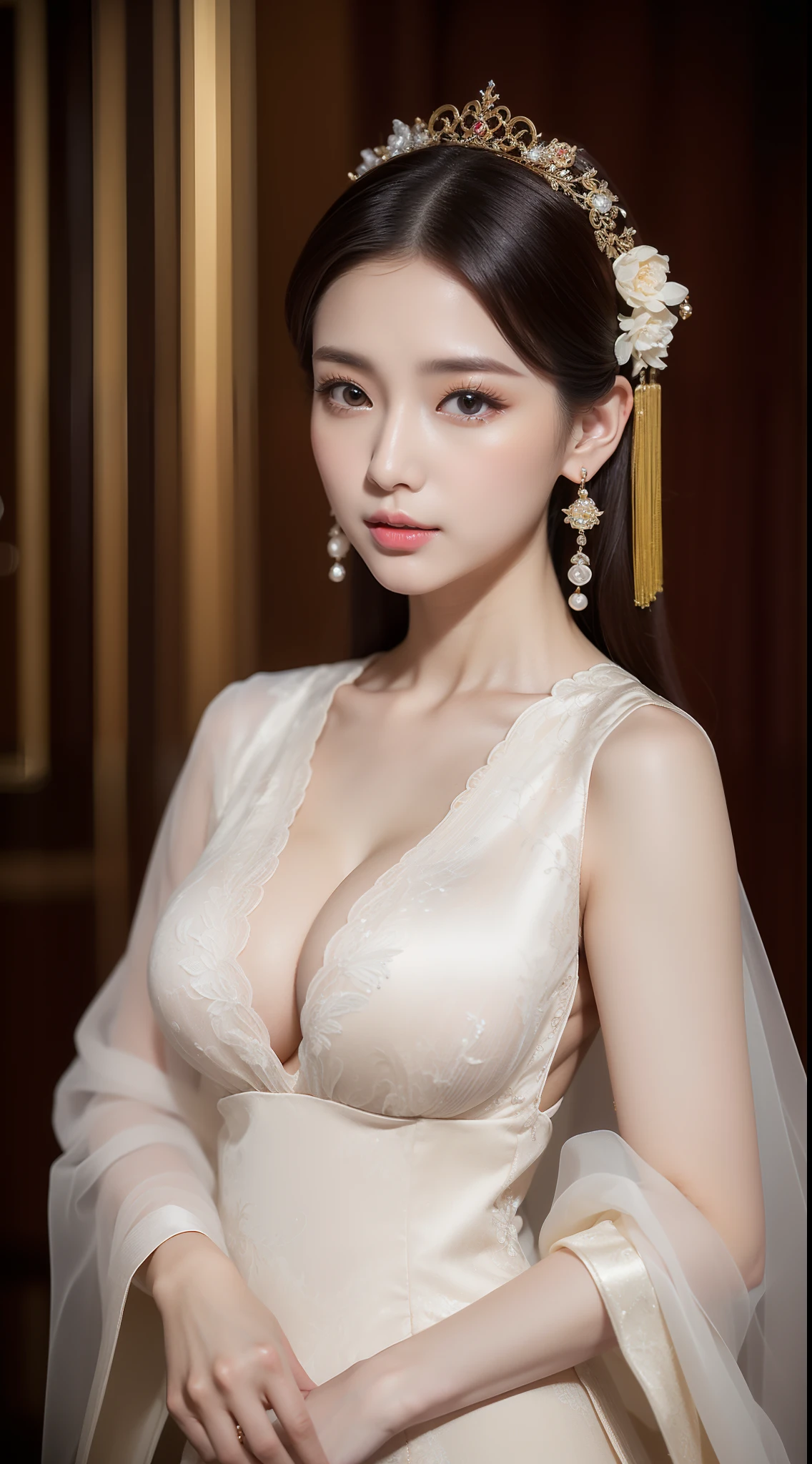 Masterpiece,(best qualtiy),highly  detailed,Ultra-detailed,Lady,Celebrity:Xiao Yu,(Hanfu:1.1),(Elegant temperament:1.2),(Bigboobs:1.3),(Semi-Dressed),(softlighting),(high high quality:1.4),(Detailed),(k hd),(Earrings),(Hairpin),(Exquisite),(Masterpiece)，16k，The upper part of the body