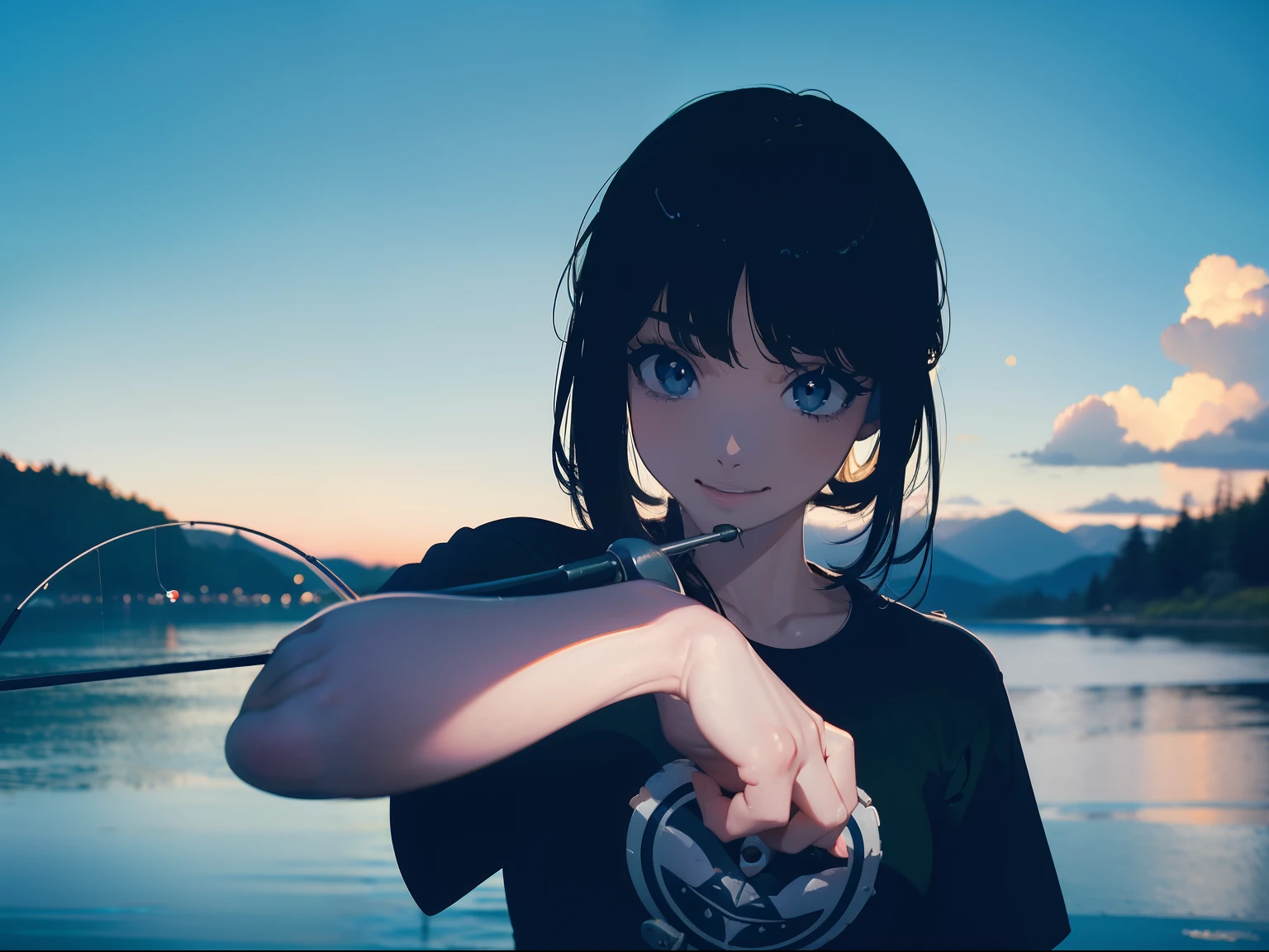 (((casting a lure with a fishing rod))) (((stand by the lakeside:1.1))),((Best quality, Masterpiece :1.3)),(1 japanese mature female),large mouth bass,black hair, longeyelashes, solid circle eyes, light smile, drop shadow, atmospheric perspective, 8k, super detail, ccurate, best quality, small breasts,black jacket, Black T-shirt ,navy blue jeans,