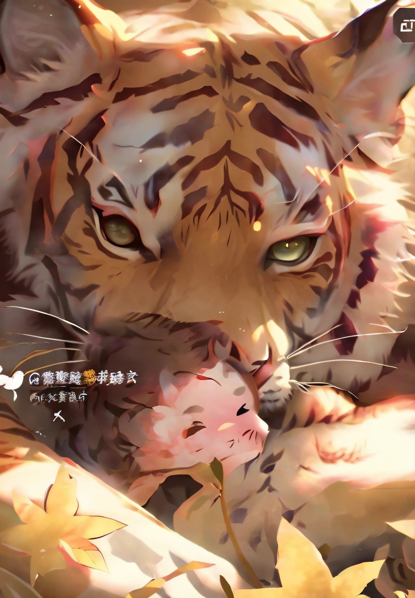 Anime image of a tiger in the field, by Yang J, trending on cgstation, ((Tiger)), Guviz-style artwork, lovely digital painting,,quadratic element,high qulity,Maple leaves,tigre,Only tigers have no children,a tiger's head