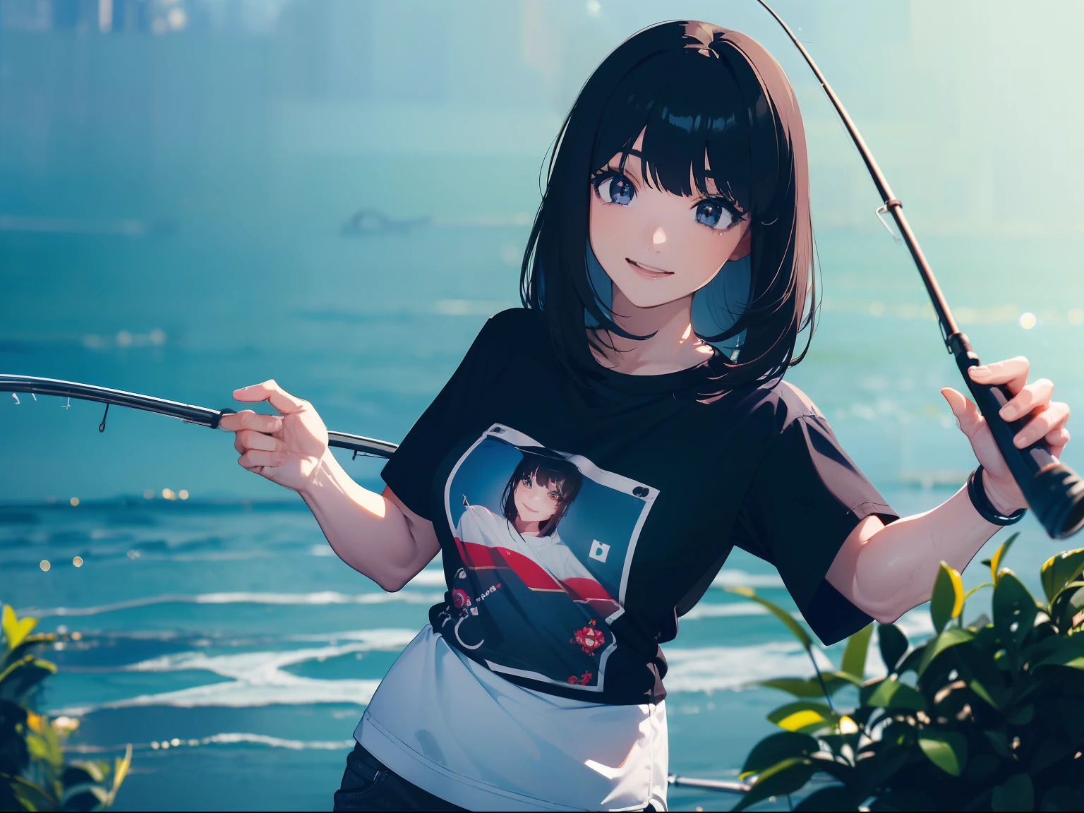 (((casting a lure with a fishing rod))) (((stand by the lakeside:1.1))),((Best quality, Masterpiece :1.3)),(1 japanese mature female),large mouth bass,black hair, longeyelashes, solid circle eyes, light smile, drop shadow, atmospheric perspective, 8k, super detail, ccurate, best quality, small breasts,black jacket, Black T-shirt ,navy blue jeans,