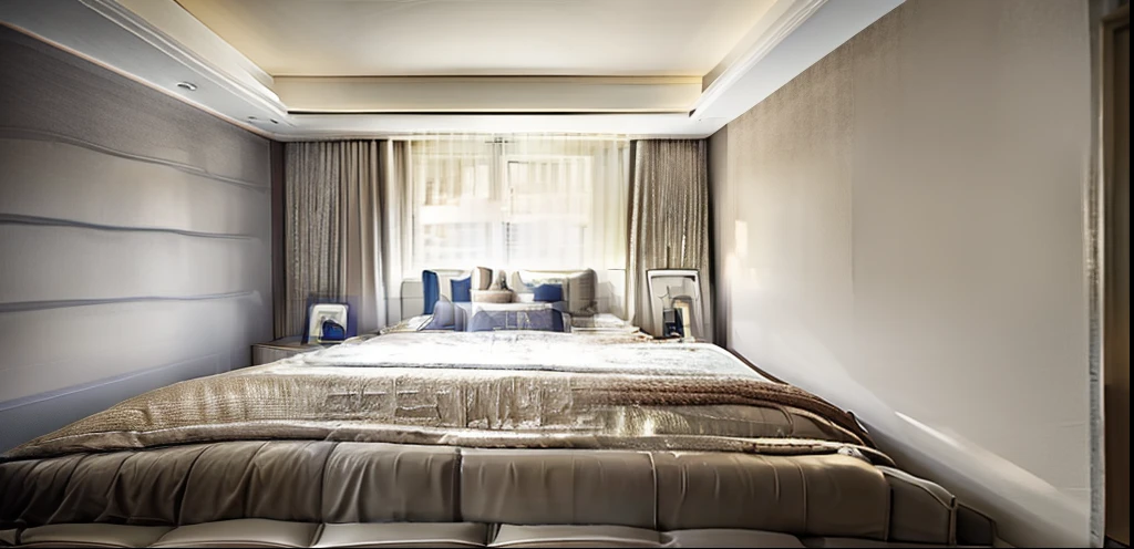 With square window 1 point perspective, Horizontally viewed, French-style bedroom with carpeted floors and light-colored sofas