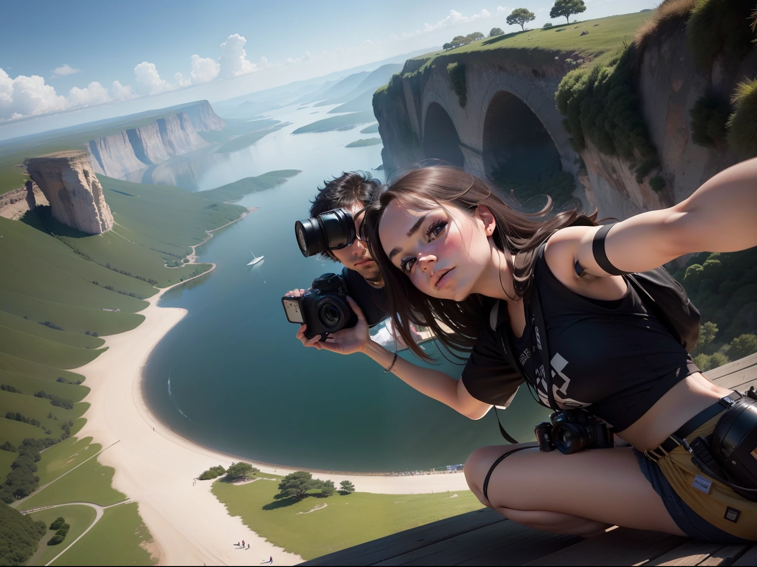 Two people take a selfie，Camera angle，Big perspective，