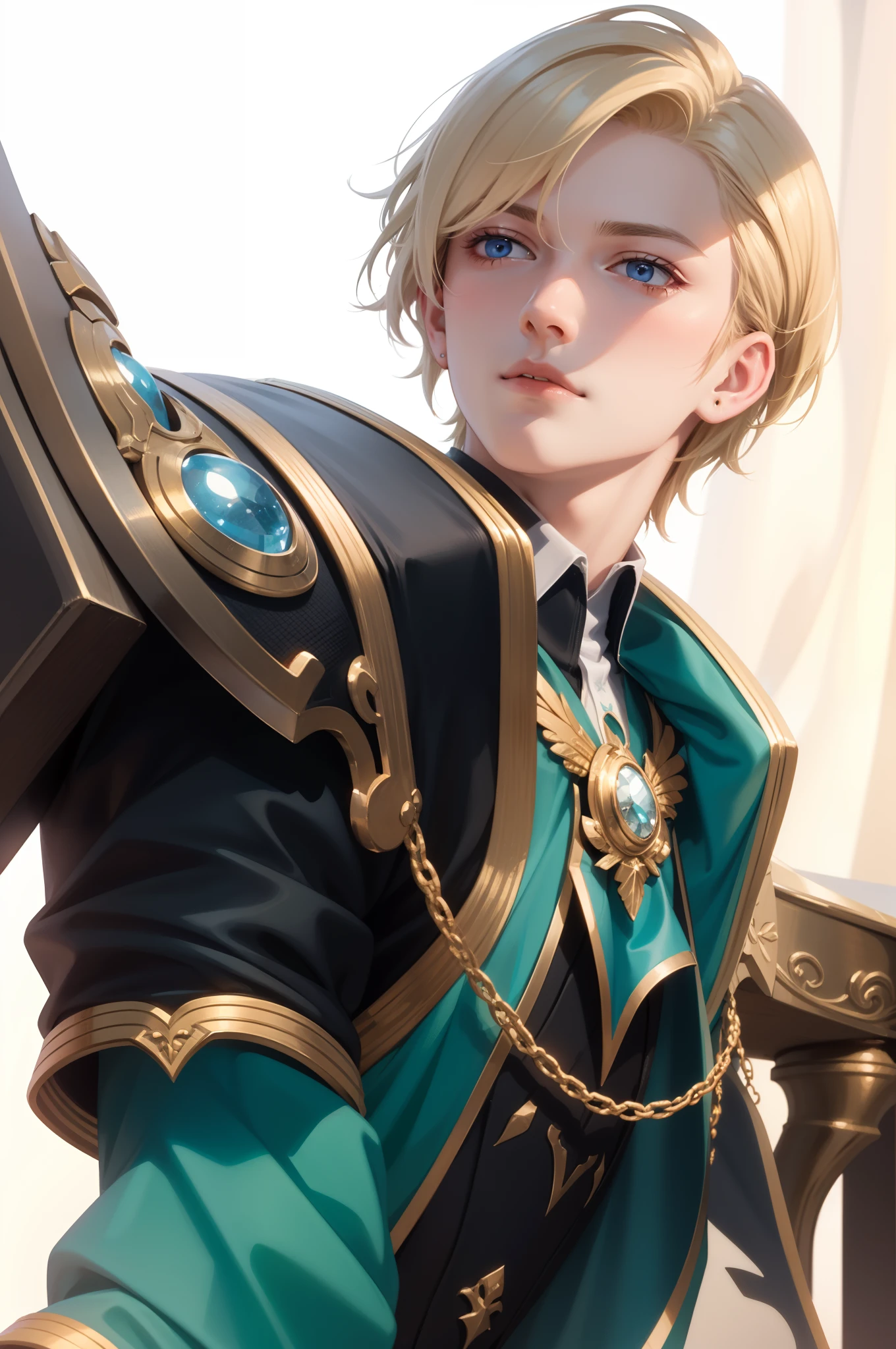 Attractive profile picture, masterpiece, ultra-precise rendering, beautiful and cool young man, trustworthy, dependable young man, savior of the world, simple design, most beautiful image, 4K, blonde hair, light blue eyes.