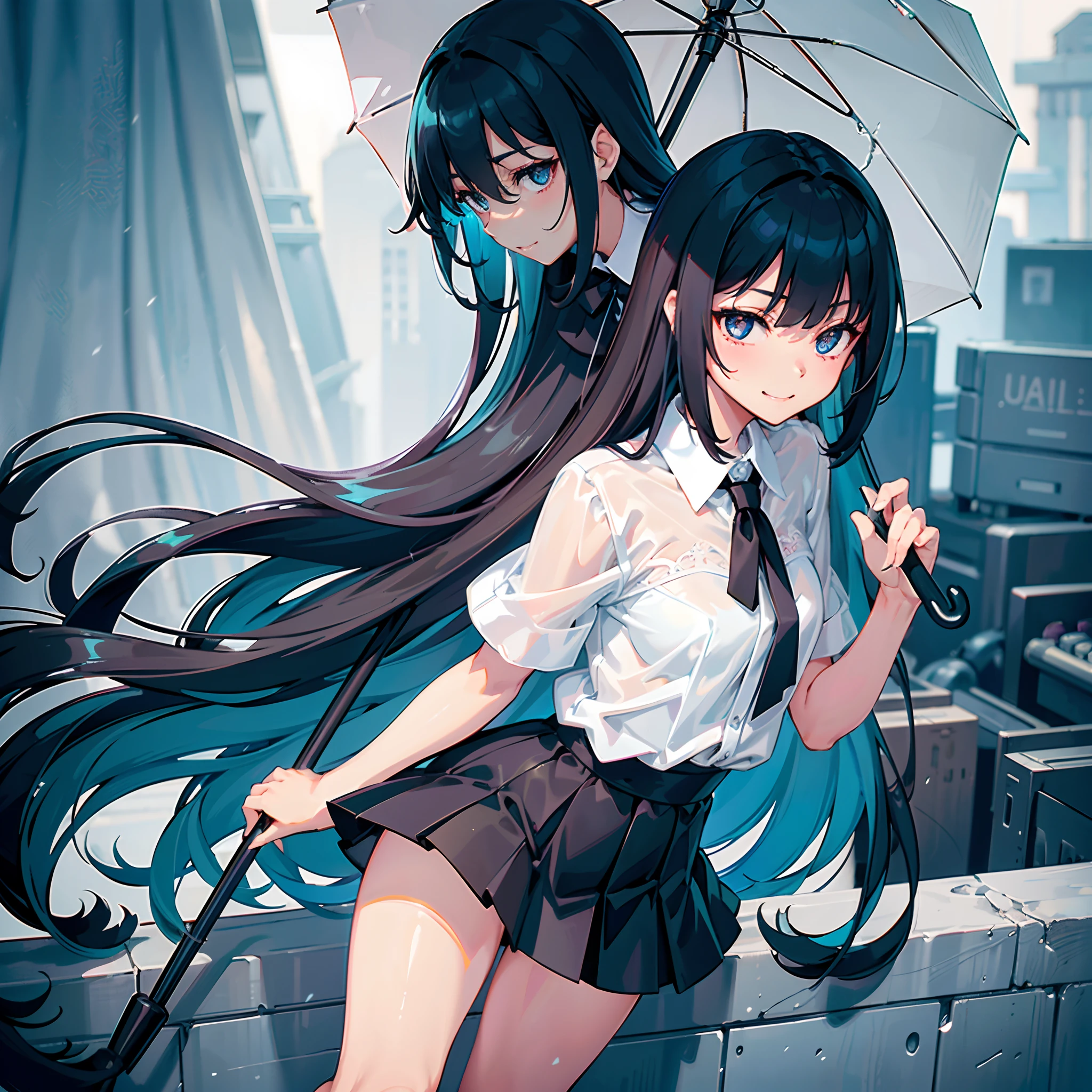 One guy，Royal sister，Perfect skin details，Beautiful pure black eyes，white teeth，Toothy smile，（Very shy) （Black and blue gradient hair）（long whitr hair）, (asymmetricalbangs),(Neat hairstyle)（Translucent plain white short-sleeved shirt）（Plain black short skirt） (hair pin), （A black tie）（ black sash）（Over-the-knee translucent pure black stockings）（Holding a transparent umbrella in hand）(slender figures), (full bodyesbian), (staredown), (Look directly at the viewer), (Side Body), (are standing)，In the daytime，schools，foliage，sprinkles of rain， (raining day), ,(downy), (hight contrast), (high saturated), (natural soft light), (Side angle), (Smooth and delicate skin),
