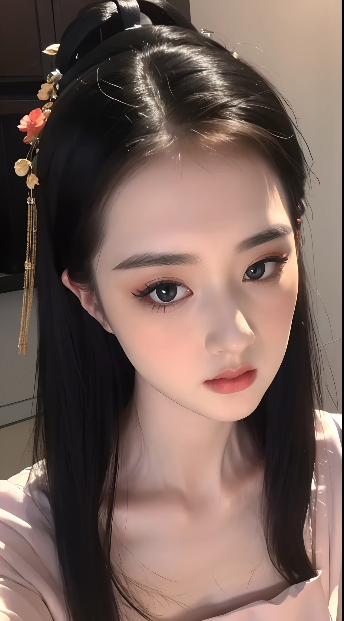 1 beautiful girl, long black hair, black eyes, Ancient Chinese style bun, wearing a thin silk shirt of ancient China, appears shoulders and head in the photo, (pout, embarrassed, small face makeup detailed and very beautiful, blush, from front, from above, looking at viewer, upturned eyes, cleavage, masterpiece, top quality, best quality, official art, unity 8k wallpaper, highres, ultra-high res, ultra-detailed, (photorealistic:1.2)