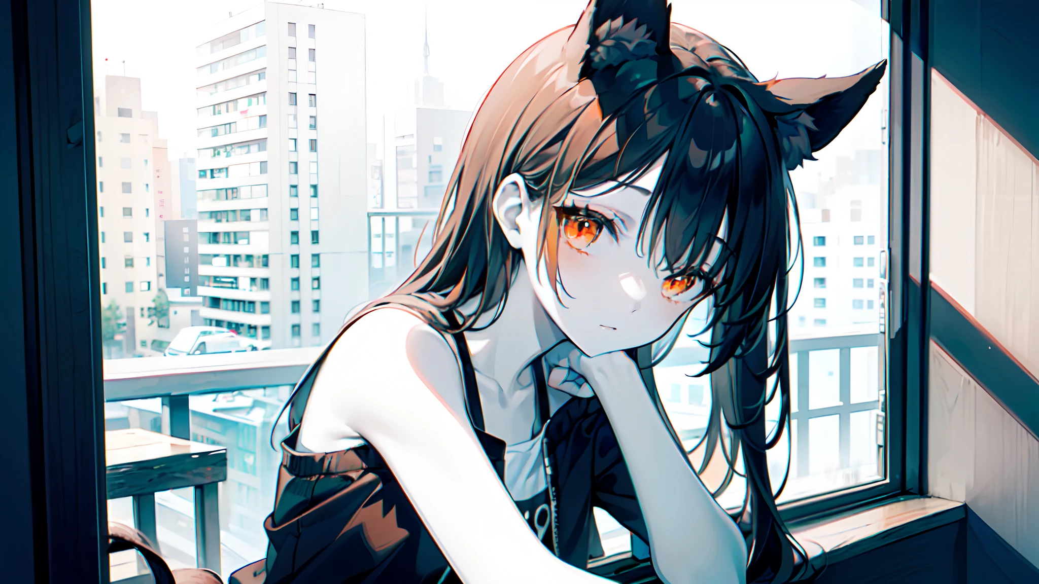 (masterpiece:1.2), (8k:1.2), (pale skin:1.2), (solo:1.2), (female:1.1), (animal ears:1.2), (casual shirt:1.3), (interior:1.2), staring at nothing, (bare shoulders:1.3), (orange eyes:1.2)