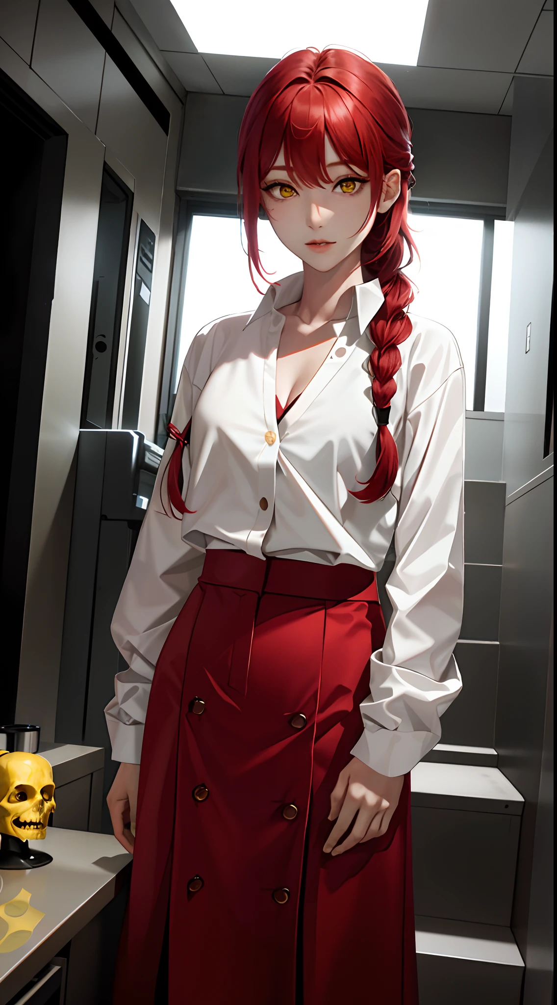 tmasterpiece,(真实感:1.4),best qualtiy,(cleavage),beautiful light up,(Ulzzang-6500:0.5),makima \(chainsawman\),(red hair)+(long braid)+(By bangs),Yellow eyes,Golden eyes, ((eye socket)), (white shirt), (tiese), RAW photos, 8K UHD, filmgrain