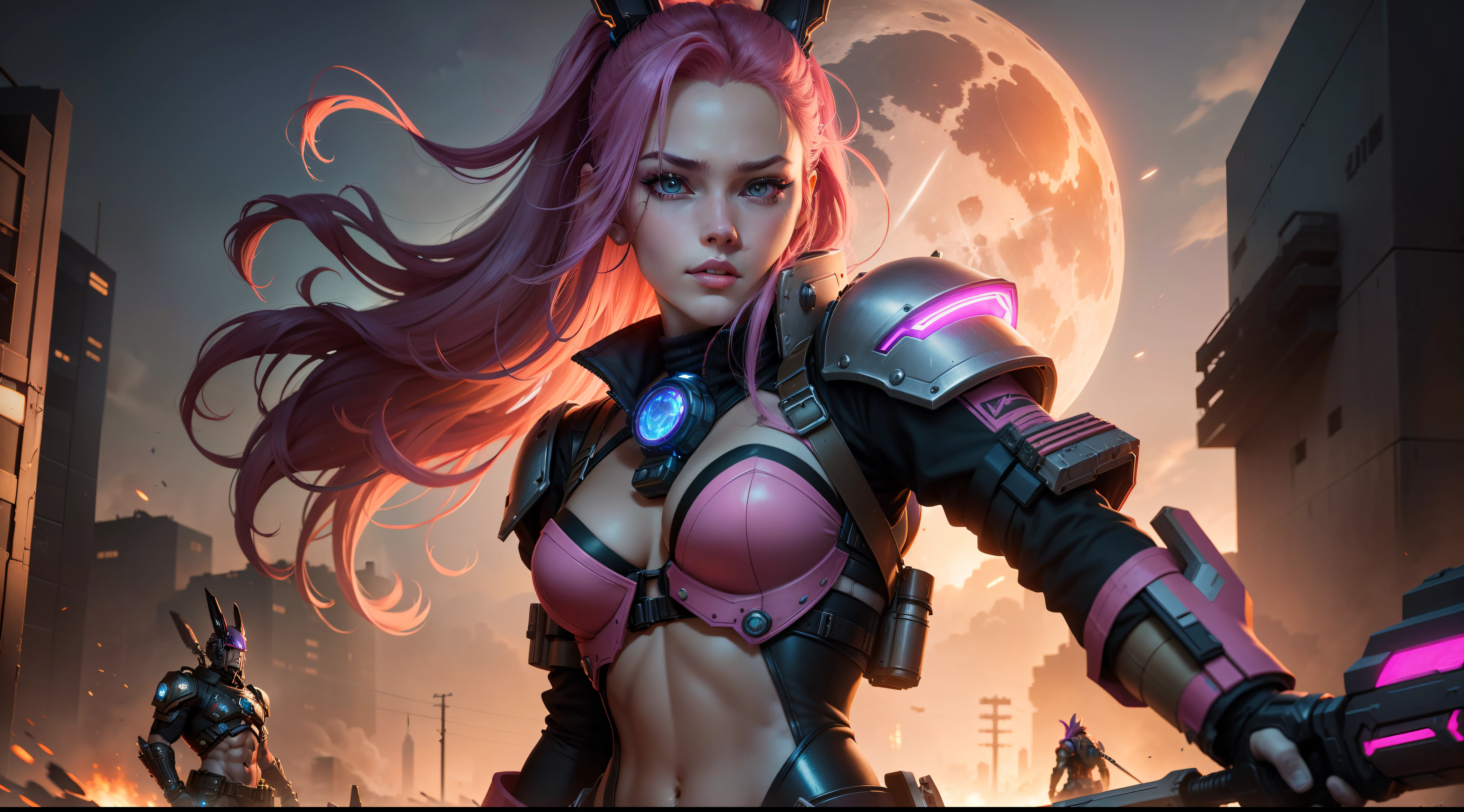 The foreground is a cyberpunk mechanical bunny girl，Holding a sword in hand，Woman with long flowing pink hair，There is a close-up of the face，Pink mech，Jump in the air with a sword in hand, Attack in an offensive way，jinx from league of legends， There is a handsome man in a cyberpunk costume holding a machine gun，There is a close-up of the face，With a heavy mortar，The city in the distance is burning，There is a huge moon in the sky，league of legends splashart，cyber punk perssonage，hdr（HighDynamicRange），4k画质，High-definition realism，3D sexy girl