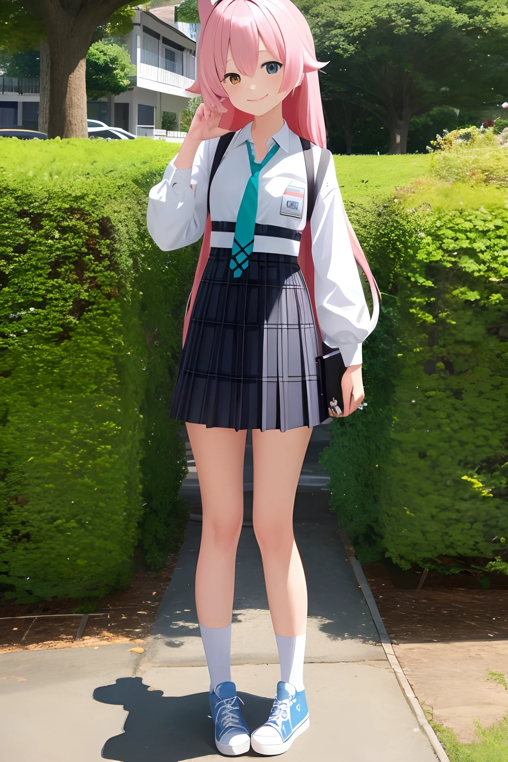 masterpiece, best quality, ultra-detailed, 1girl, hoshino, white shirt, pleated skirt, smile, standing, outdoors