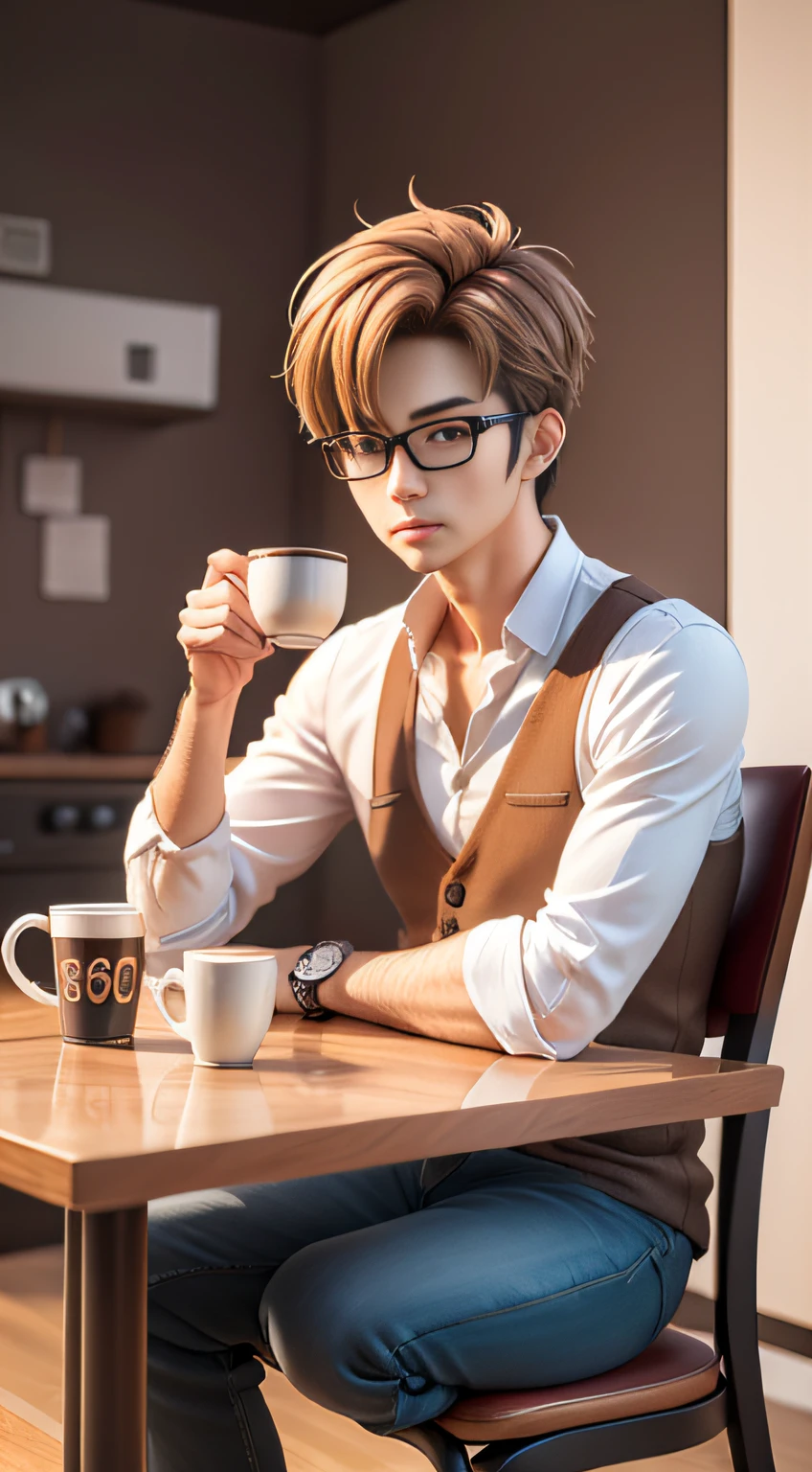 of a guy，Without glasses，sits at a table，He had a coffee cup in front of him, Guviz-style artwork, Realistic anime 3D style, Photorealistic anime,realistic anime artstyle