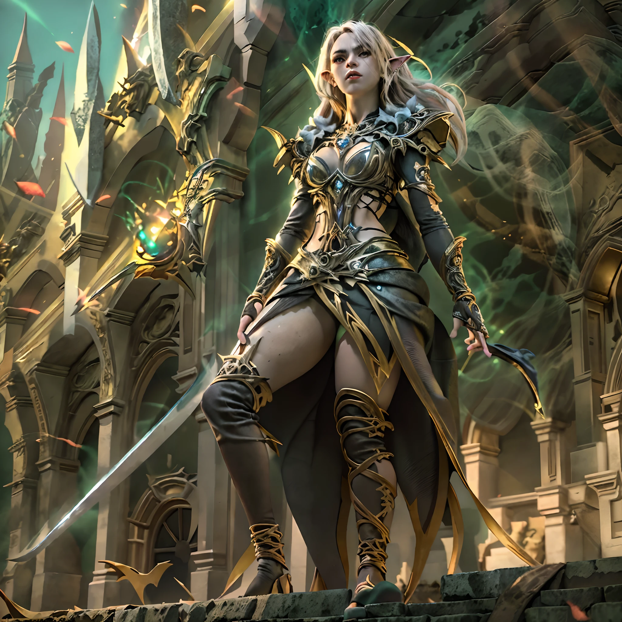 high details, best quality, 8k, [ultra detailed], masterpiece, best quality, (extremely detailed), dynamic angle, ultra wide shot, photorealistic, fantasy art, dnd art, rpg art, realistic art, a wide angle picture of an epic female elf, arcane warrior, warrior of magic,  full body, [[anatomically correct]] full body (intricate details, Masterpiece, best quality: 1.6) casting a spell  (intricate details, Masterpiece, best quality: 1.5), casting an epic spell, [colorful magical sigils in the air],[ colorful arcane markings floating]  (intricate details, Masterpiece, best quality: 1.6) holding an [epic magical sword]  (intricate details, Masterpiece, best quality: 1.6) holding epic [magical sword glowing in red light]  (intricate details, Masterpiece, best quality: 1.6). in fantasy urban street ( (intricate details, Masterpiece, best quality: 1.6), a female, beautiful epic female elf, wearing elven leather armor  (intricate details, Masterpiece, best quality: 1.3), high heeled leather boots, ultra detailed face (intricate details, Masterpiece, best quality: 1.3), small pointed ears, thick hair, long hair, dynamic hair, fair skin intense eyes, fantasy city background  (intricate details, Masterpiece, best quality: 1.6), sun light, backlight, depth of field  (intricate details, Masterpiece, best quality: 1.3), high details, best quality, highres, ultra wide angle