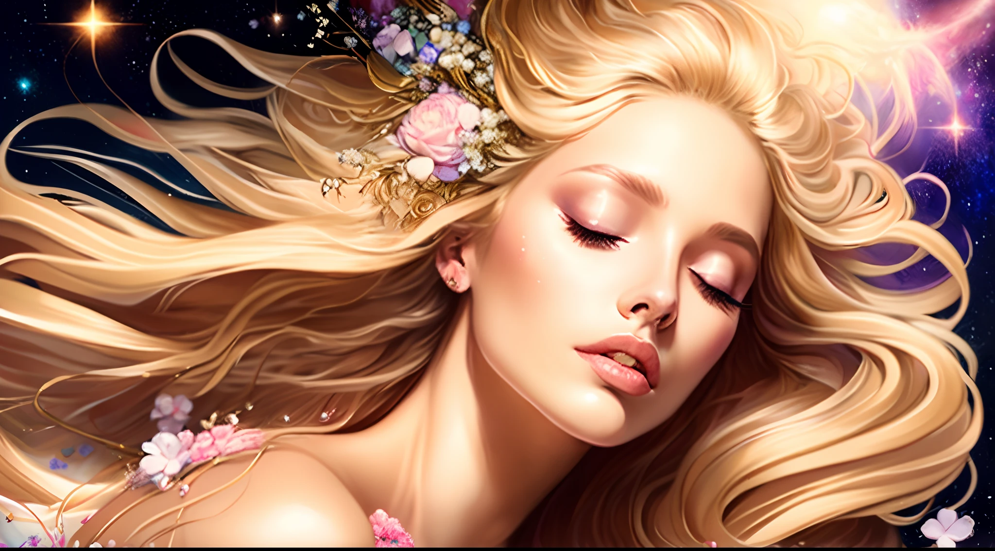 "Por favor, Create an ultra-realistic image of a blonde woman with flowing hair and flowers around, Lying with her eyes closed in outer space. She must have an angelic and dazzling appearance, como se fosse uma figura de uma fantasia encantada. A imagem deve ser iluminada pela luz suave da lua que brilha ao fundo, giving a sense of serenity and magic at the same time."